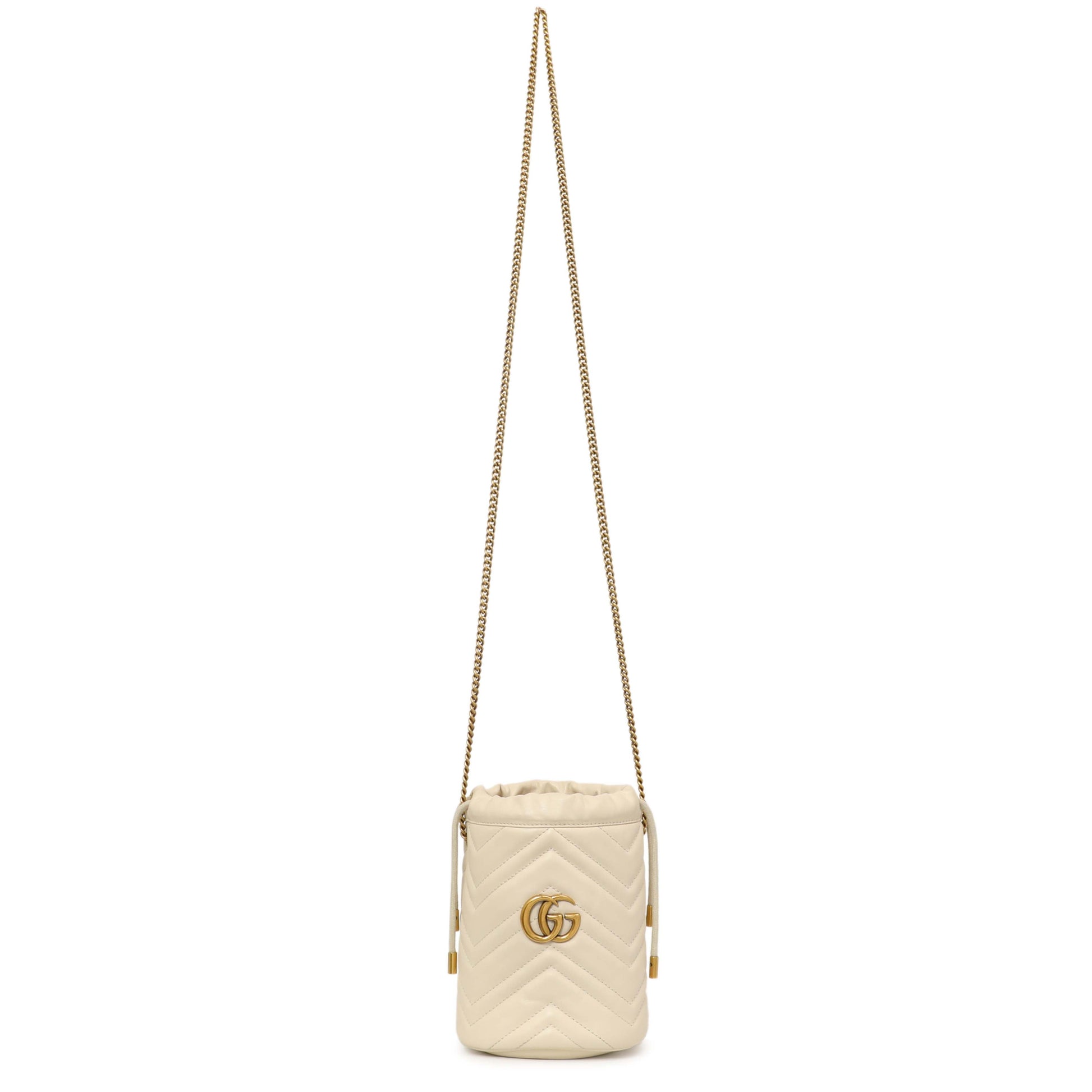 Exclusive Gucci White Calfskin Matelasse Mini GG Marmont Bucket — Front View