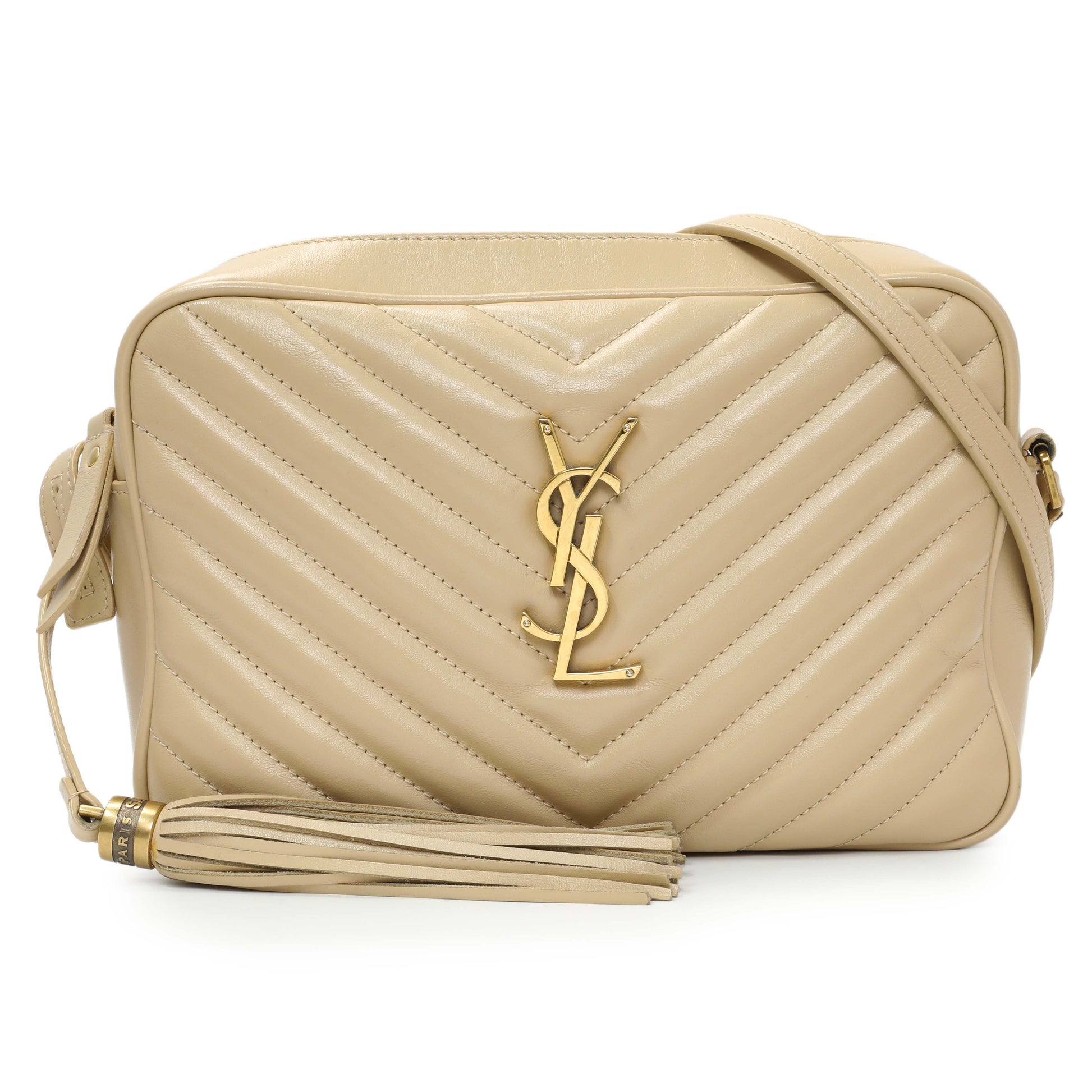 Exclusive Saint Laurent Dark Beige Calfskin Matelasse Monogram Lou Camera Bag — Front View