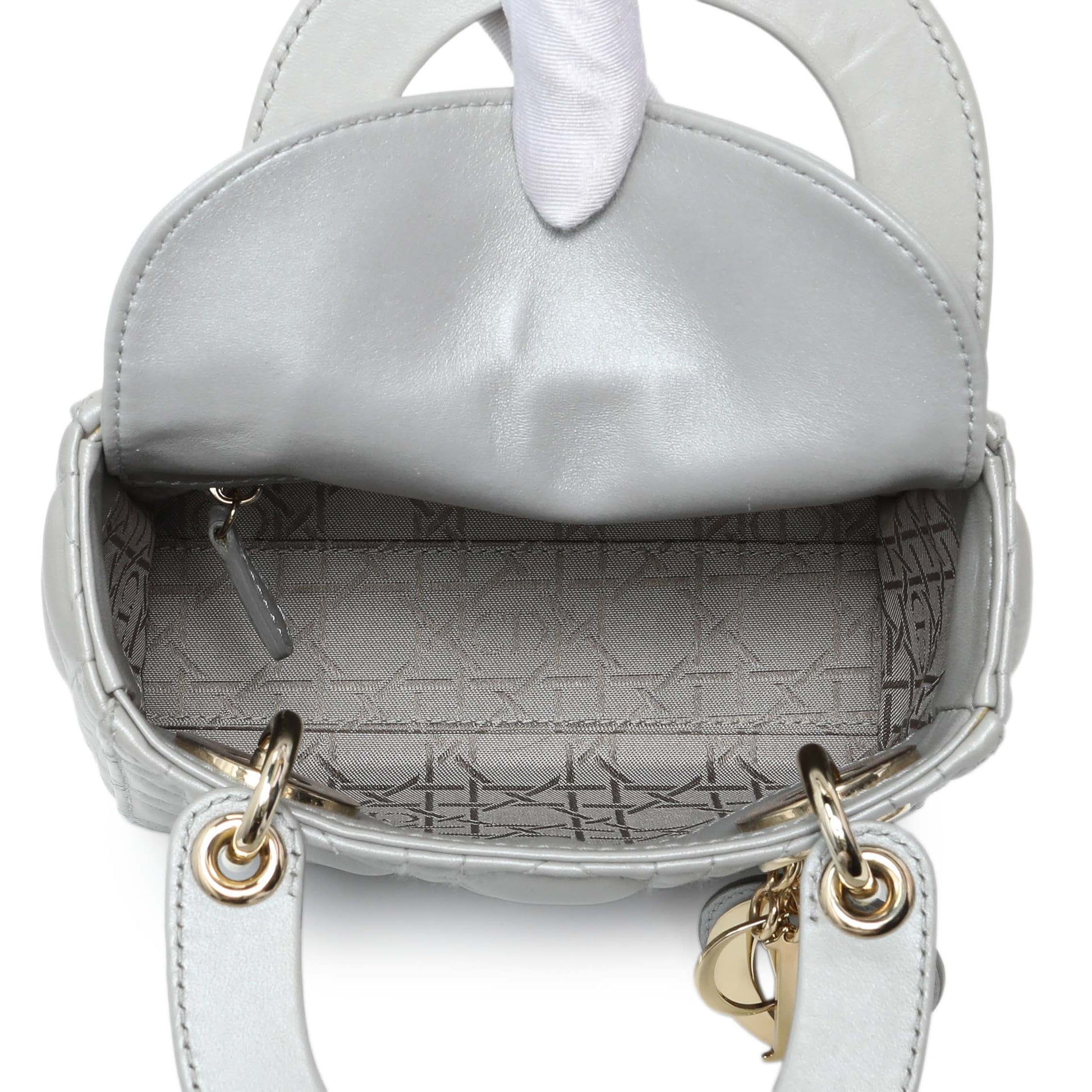 Exclusive Christian Dior Grey Metallic Lambskin Cannage Mini Lady Dior — Top View