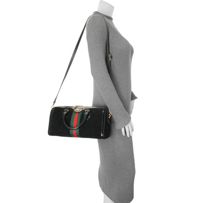Exclusive Gucci Black Suede Patent GG Web Medium Ophidia Boston Bag — Alternate View 7