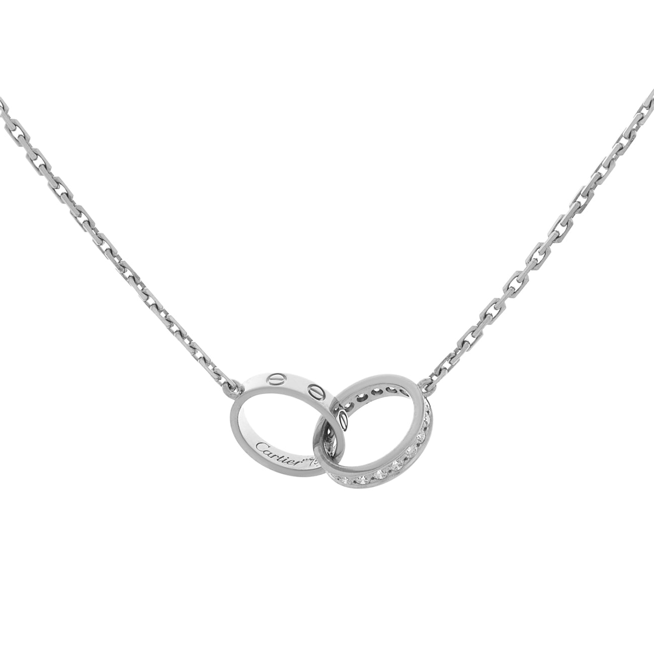 Exclusive Cartier 18K White Gold & Diamond Interlocking Love Necklace — Front View