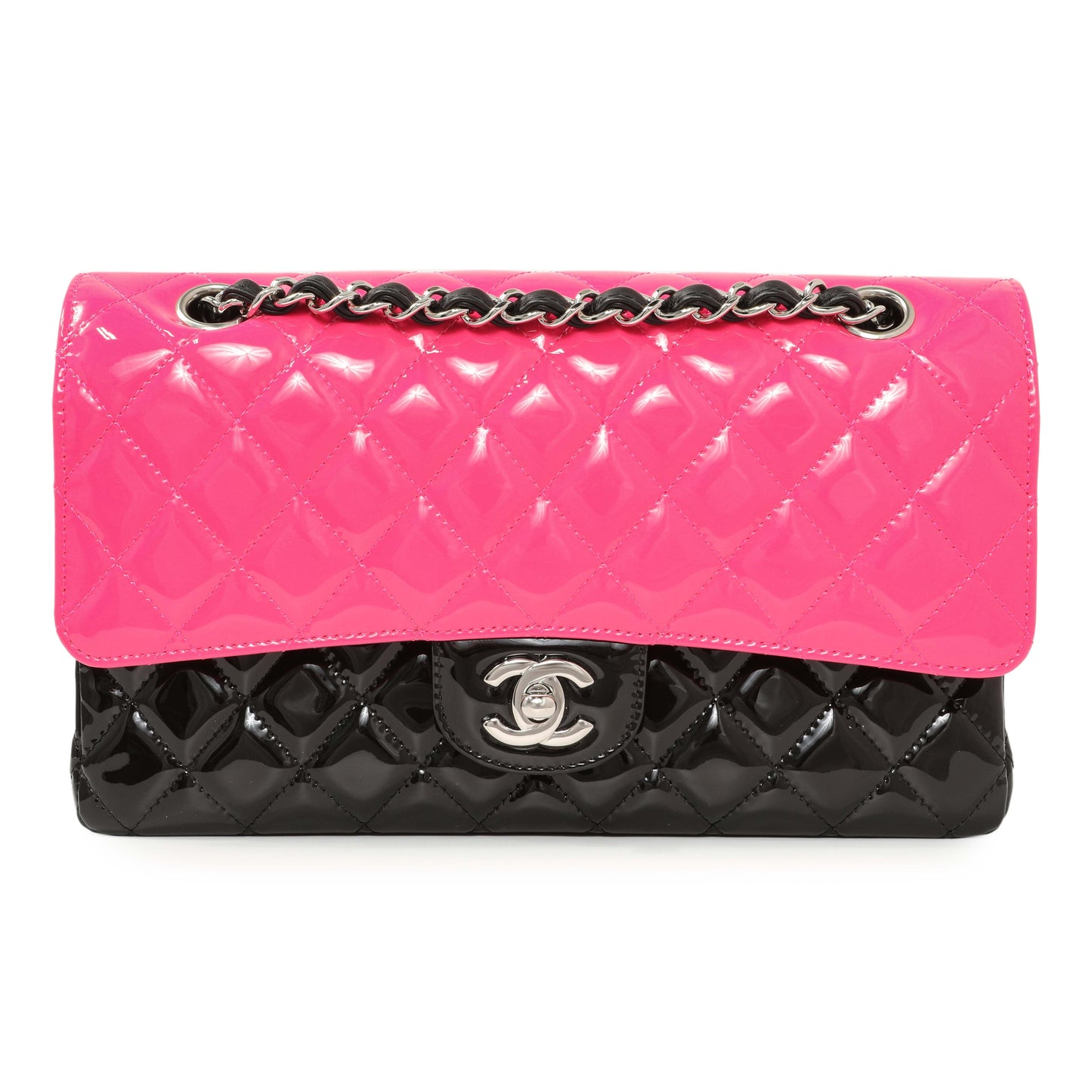 Exclusive Chanel Black Pink Quilted Patent Medium Classic Double Flap — Front View