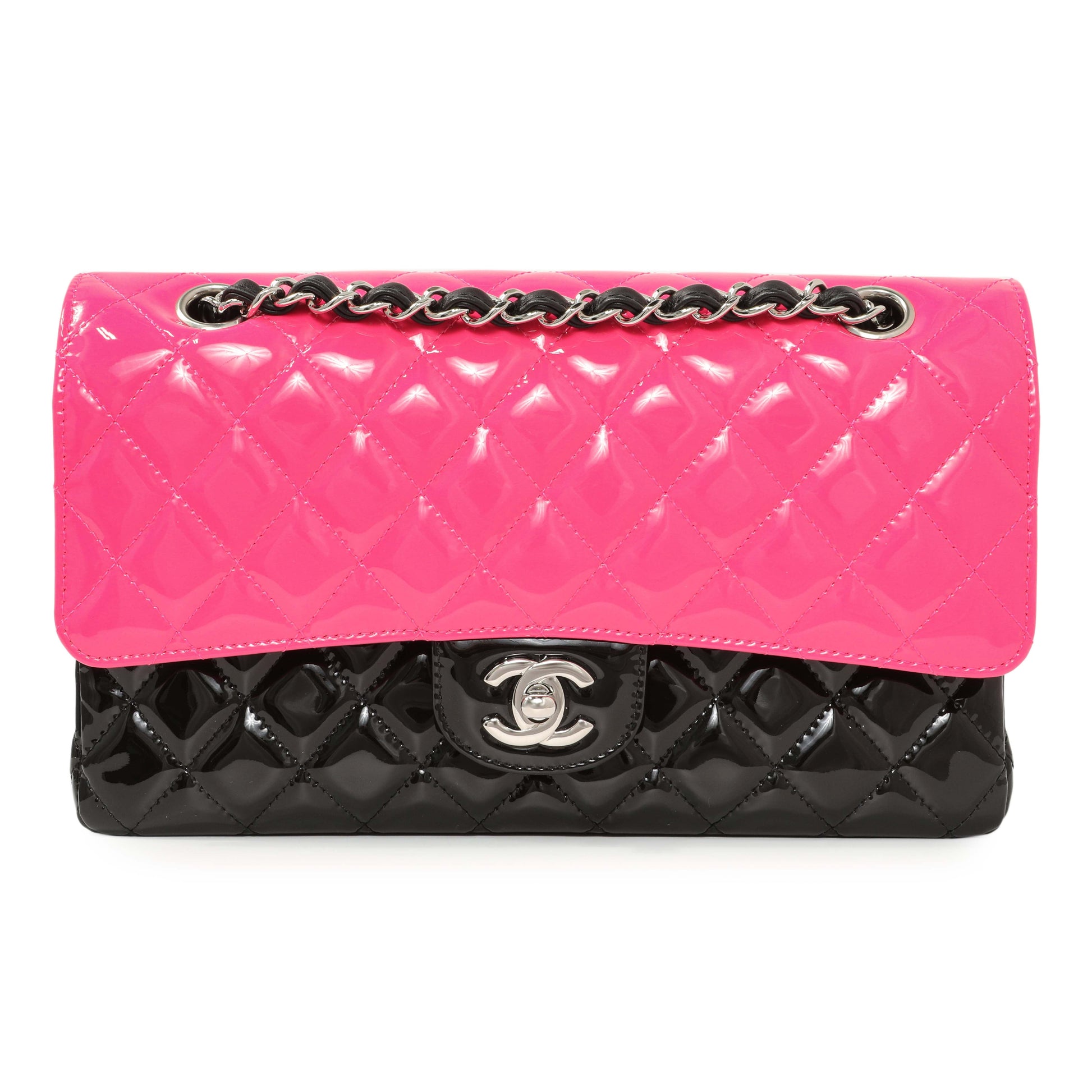 Exclusive Chanel Black Pink Quilted Patent Medium Classic Double Flap — Front View