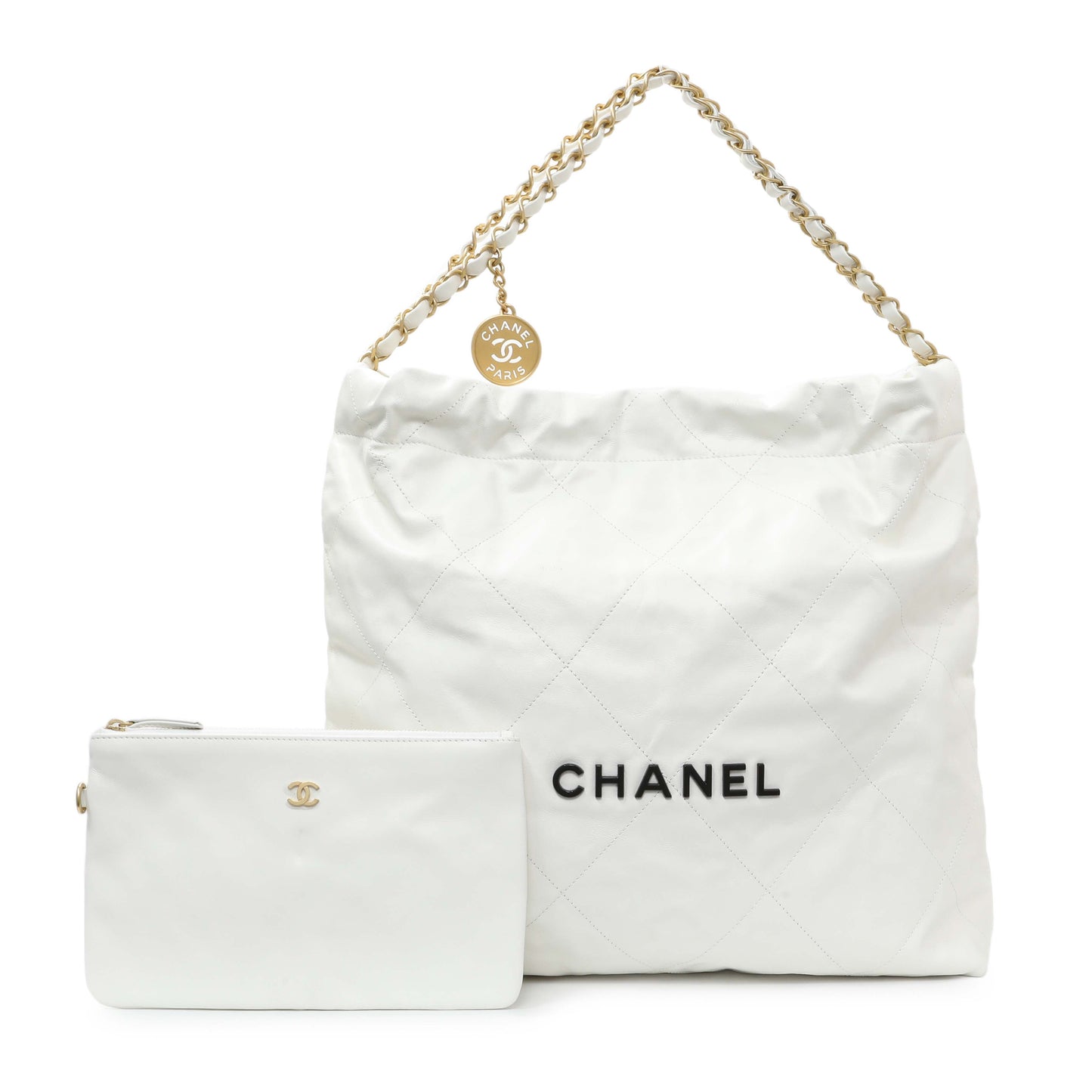 Exclusive Chanel White Shiny Calfskin Large Chanel 22 — Front View