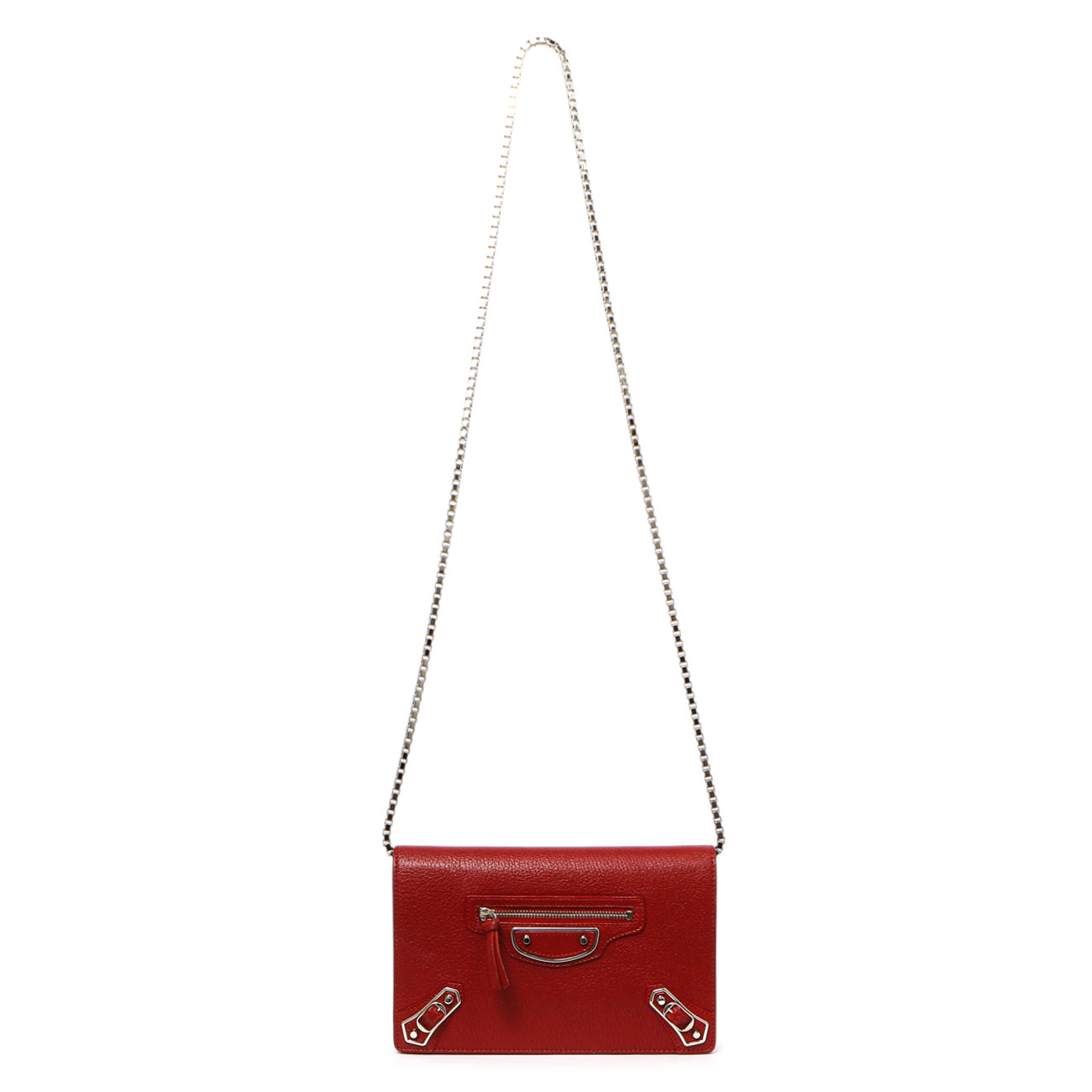 Exclusive Balenciaga Rouge Groseille Chevre Metallic Edge Wallet on Chain — Front View