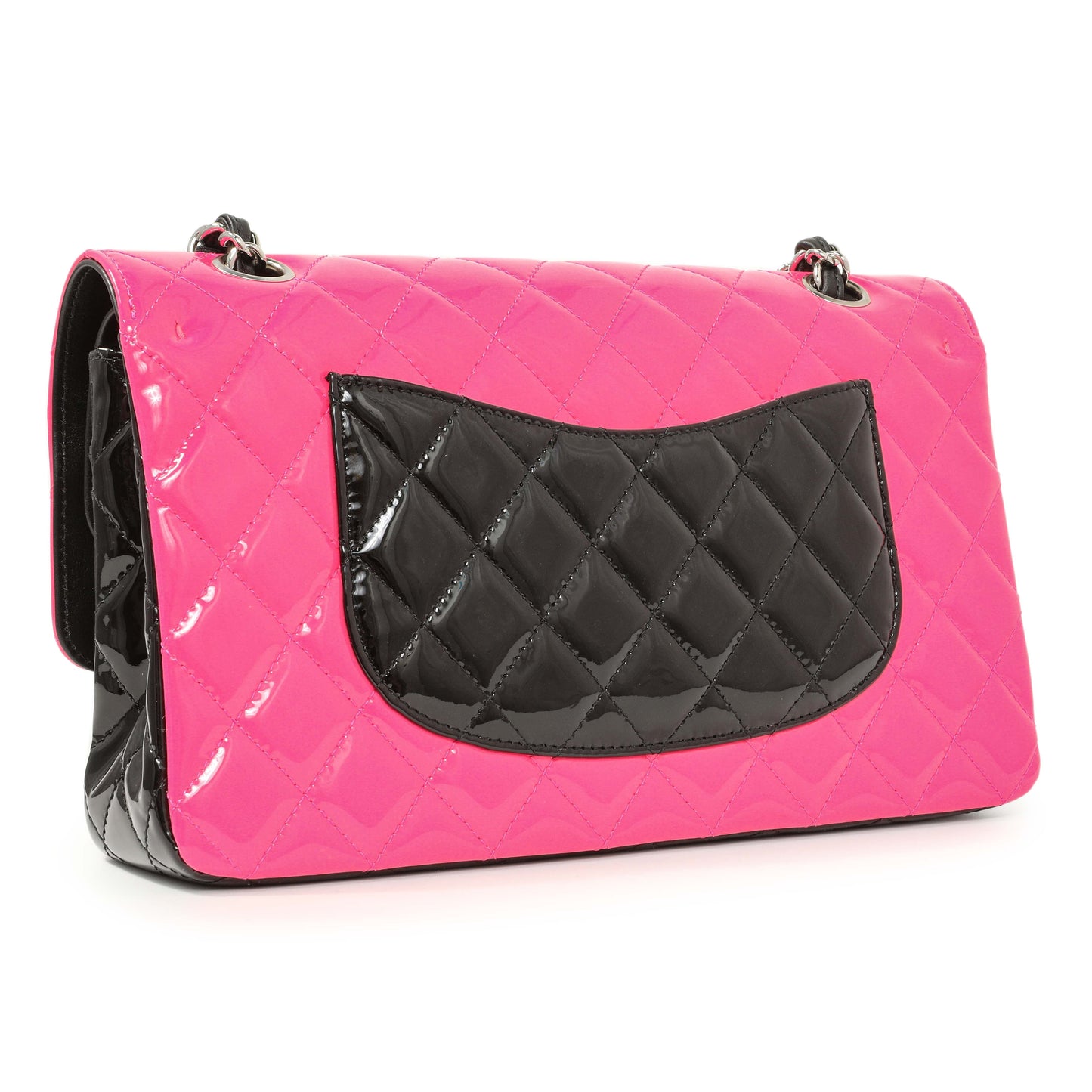 Exclusive Chanel Black Pink Quilted Patent Medium Classic Double Flap — Side View