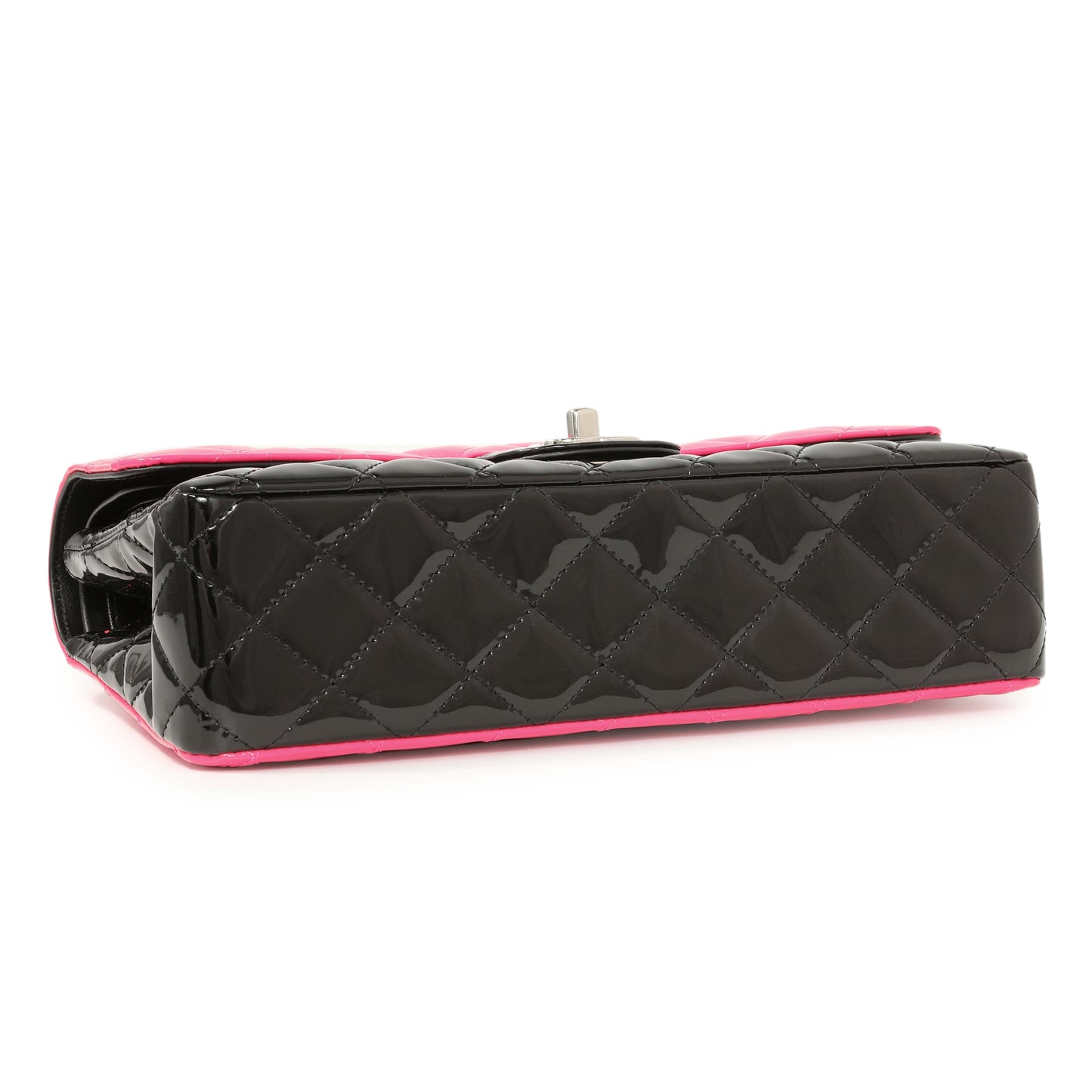 Exclusive Chanel Black Pink Quilted Patent Medium Classic Double Flap — Back View