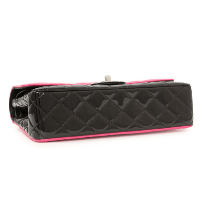 Exclusive Chanel Black Pink Quilted Patent Medium Classic Double Flap — Back View