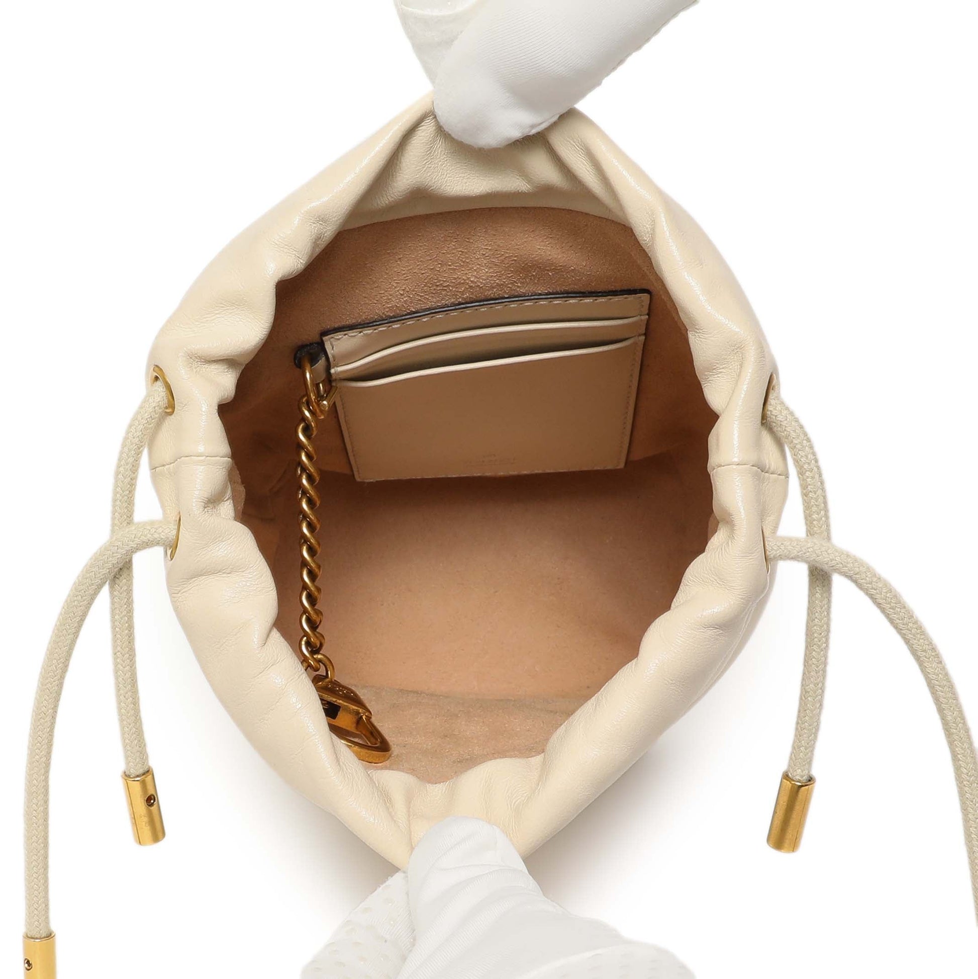 Exclusive Gucci White Calfskin Matelasse Mini GG Marmont Bucket — Detail View