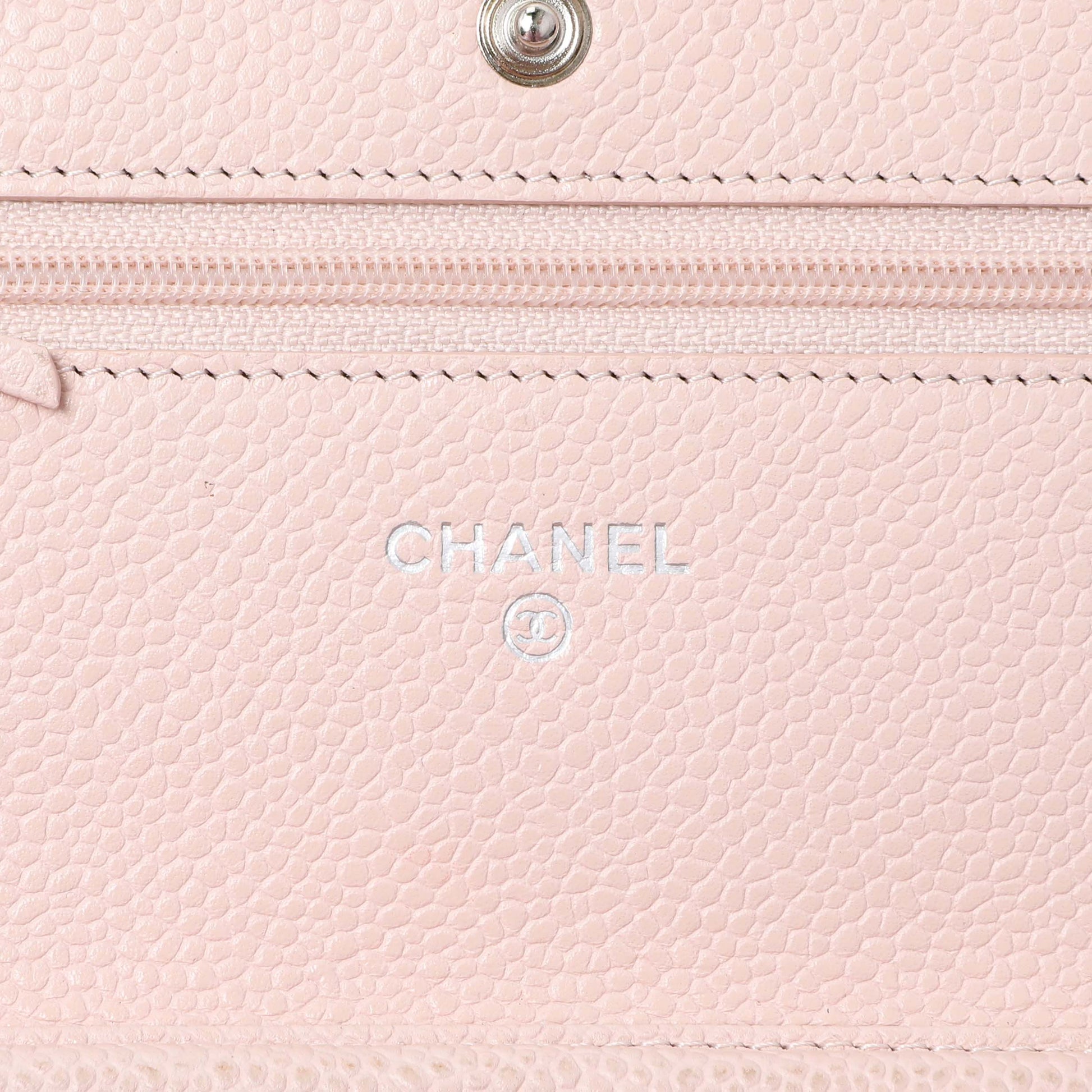 Exclusive Chanel Pink Quilted Caviar Wallet on Chain — Detail View