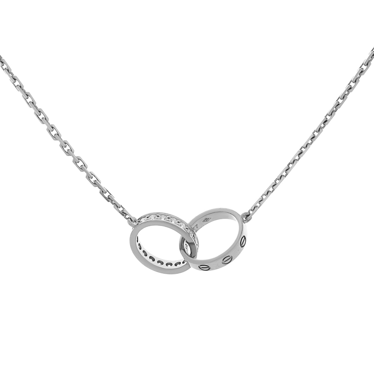 Exclusive Cartier 18K White Gold & Diamond Interlocking Love Necklace — Side View