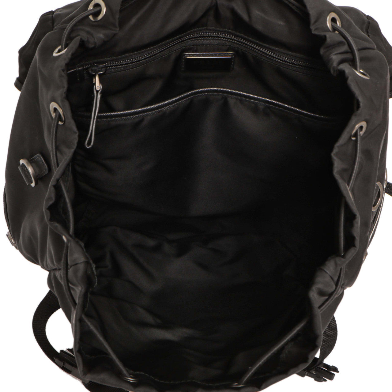 Exclusive Prada Black Nylon Logo Patch Backpack — Detail View