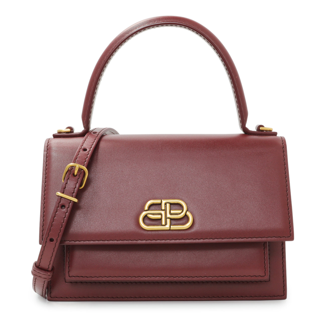 Exclusive Balenciaga Burgundy Box Calfskin XS Sharp Top Handle Bag — Front View