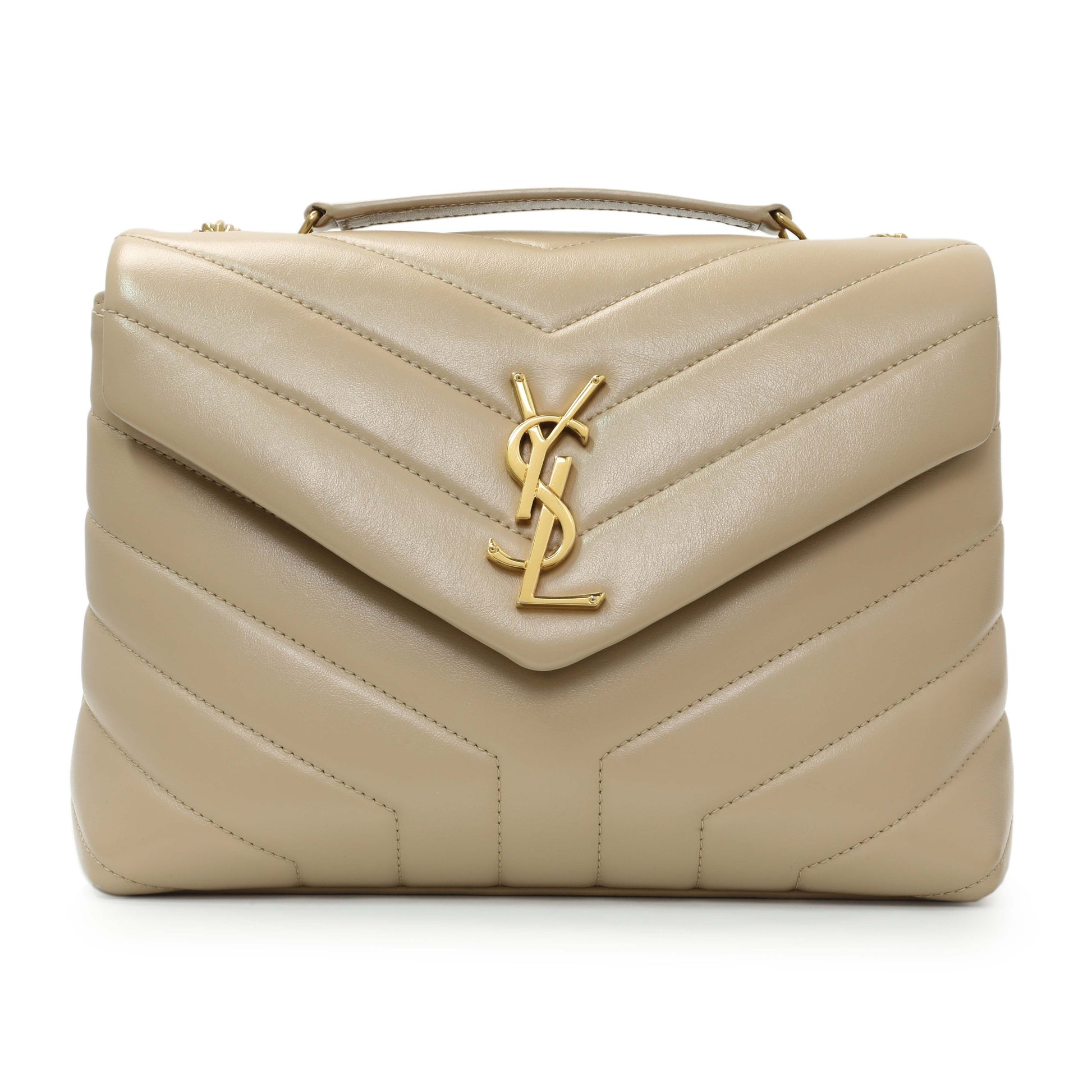 Exclusive Saint Laurent Dark Beige Calfskin Loulou Chain Small Satchel — Front View