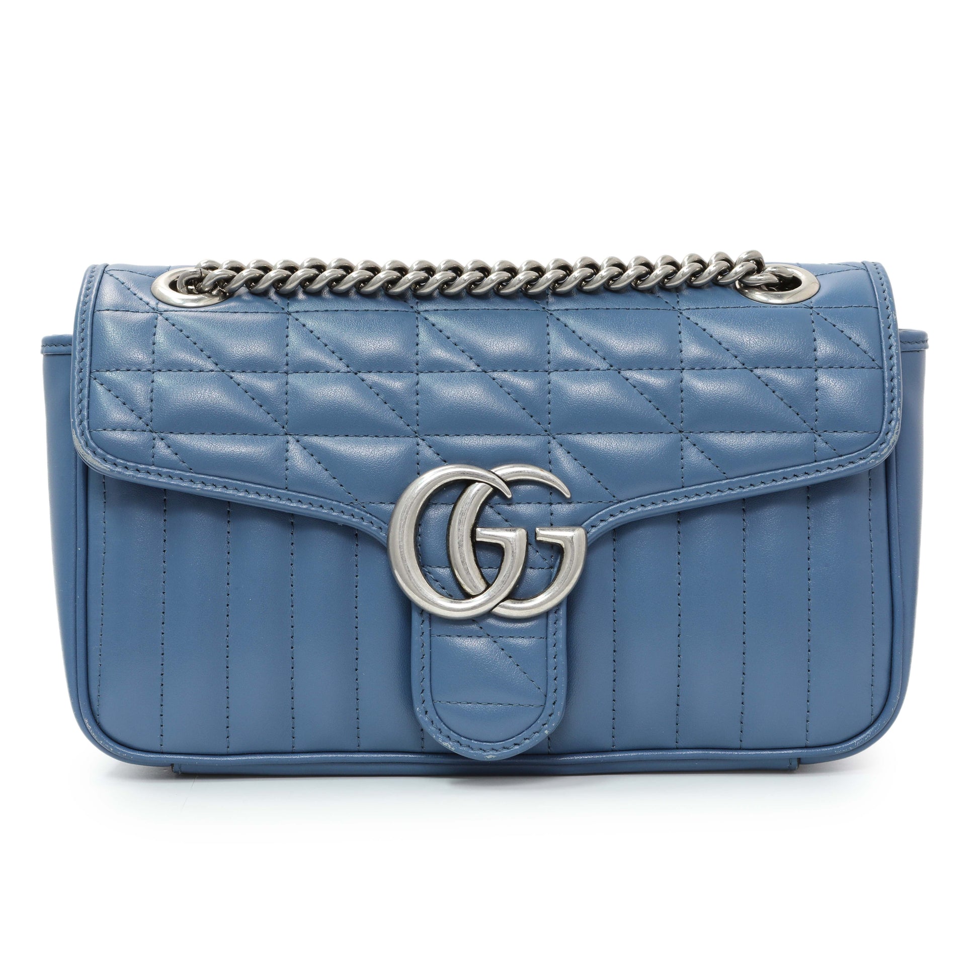 Exclusive Gucci Blue Calfskin Matelasse Aria Small GG Marmont Shoulder Bag — Front View