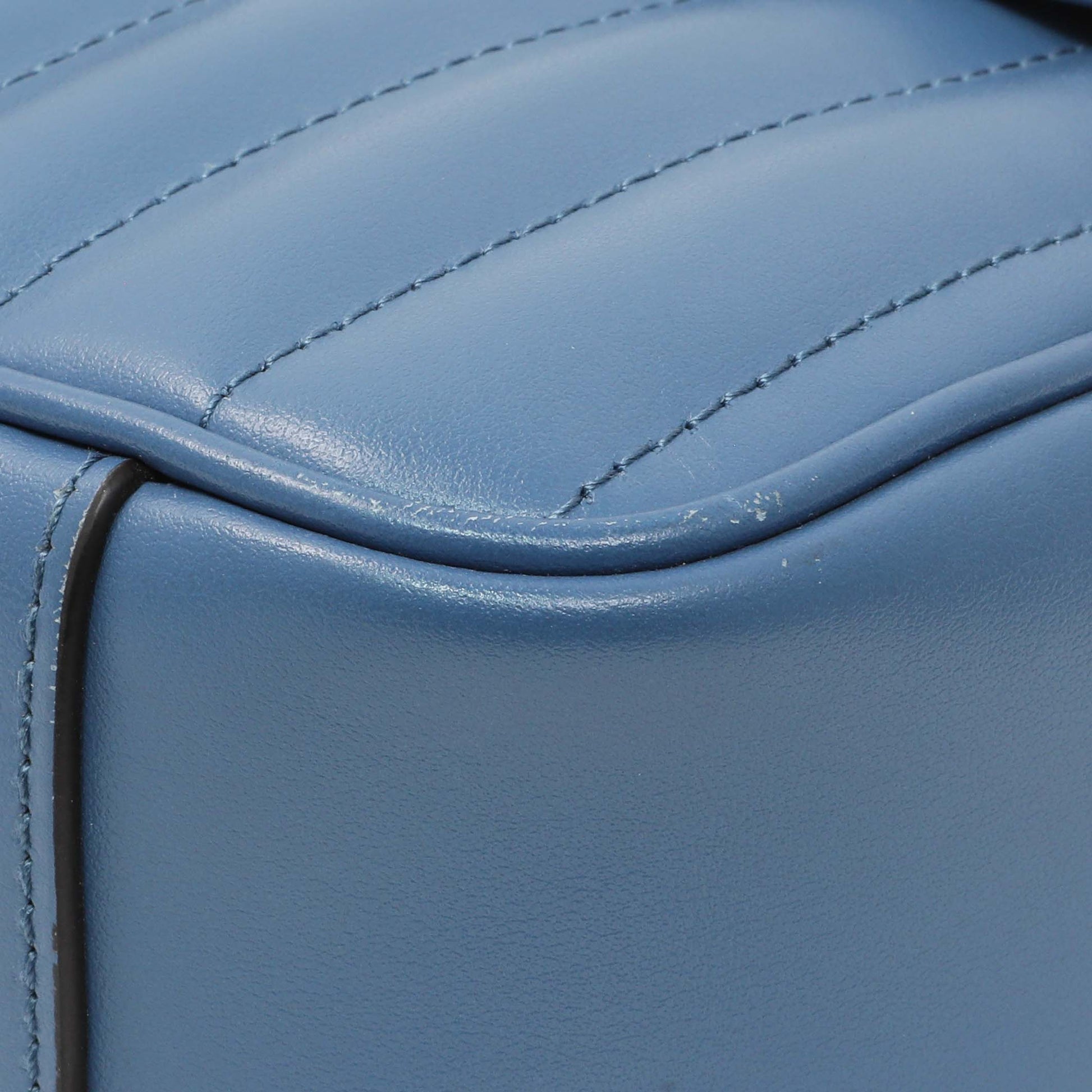 Exclusive Gucci Blue Calfskin Matelasse Aria Small GG Marmont Shoulder Bag — Detail View