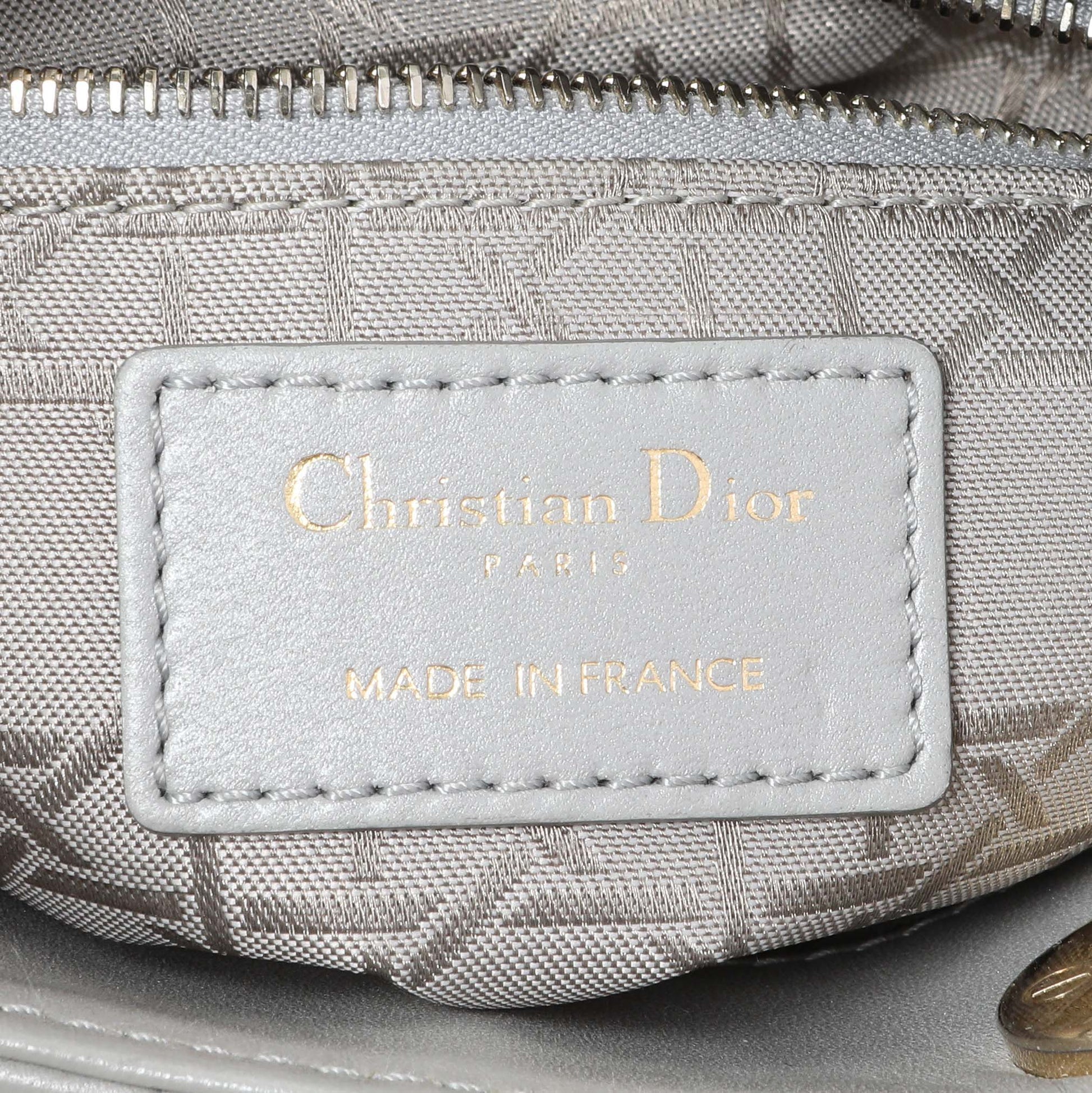 Exclusive Christian Dior Grey Metallic Lambskin Cannage Mini Lady Dior — Detail View