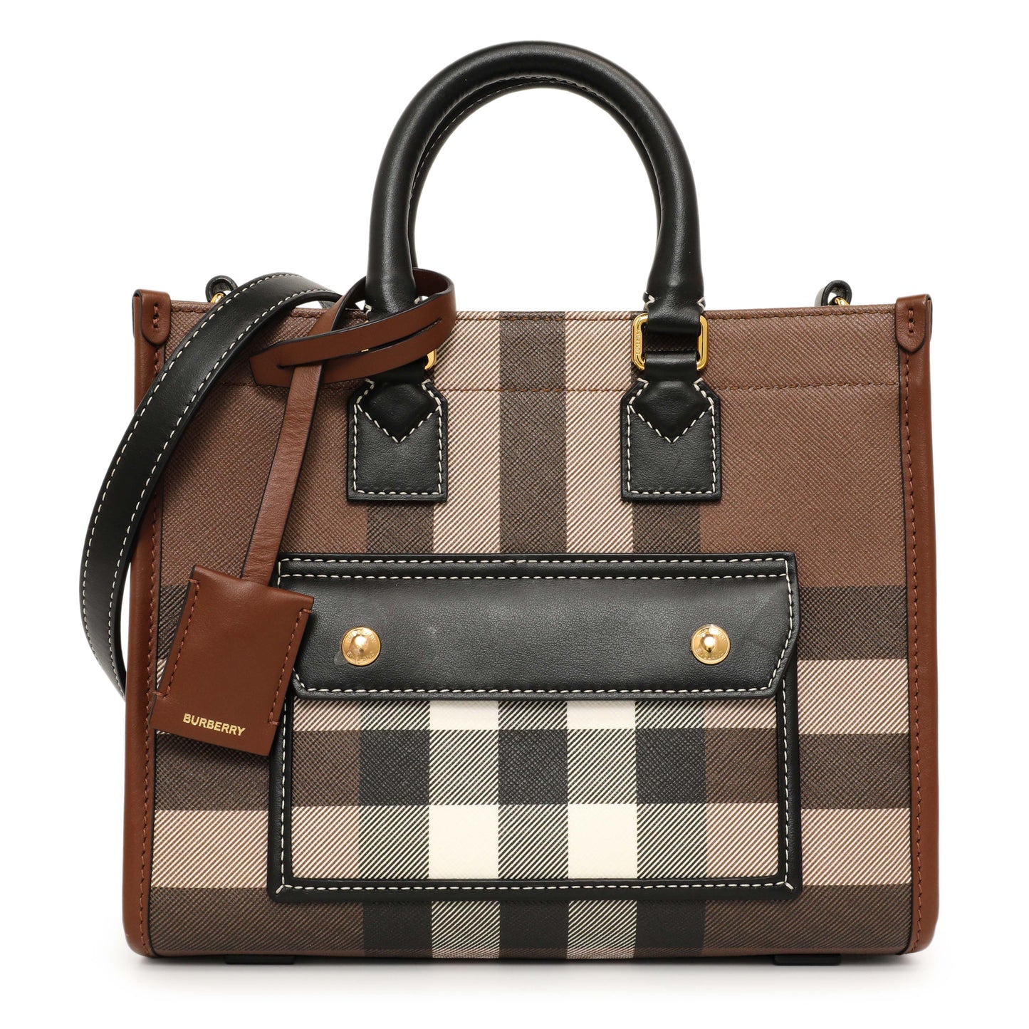 Exclusive Burberry Dark Birch Brown E-Canvas Check Calfskin Mini Freya Tote — Front View