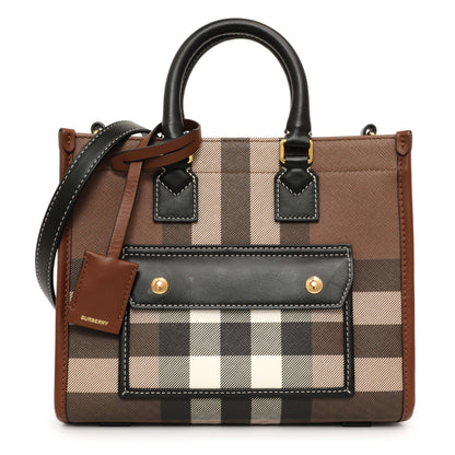 Exclusive Burberry Dark Birch Brown E-Canvas Check Calfskin Mini Freya Tote — Front View