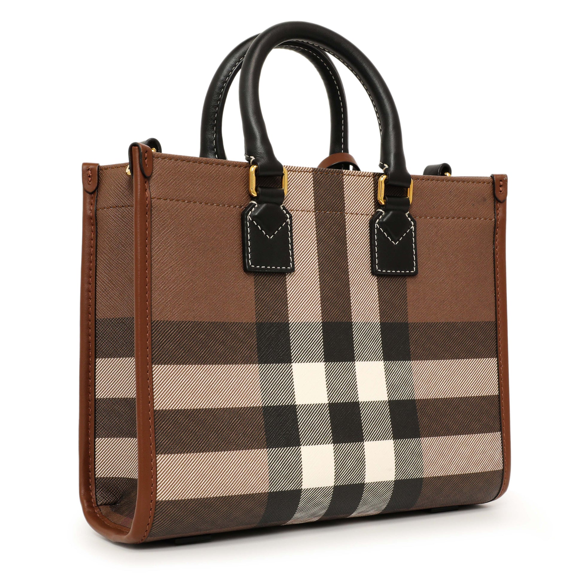 Exclusive Burberry Dark Birch Brown E-Canvas Check Calfskin Mini Freya Tote — Side View