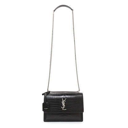 Exclusive Saint Laurent Black Crocodile Embossed Calfskin Medium Monogram Sunset — Front View