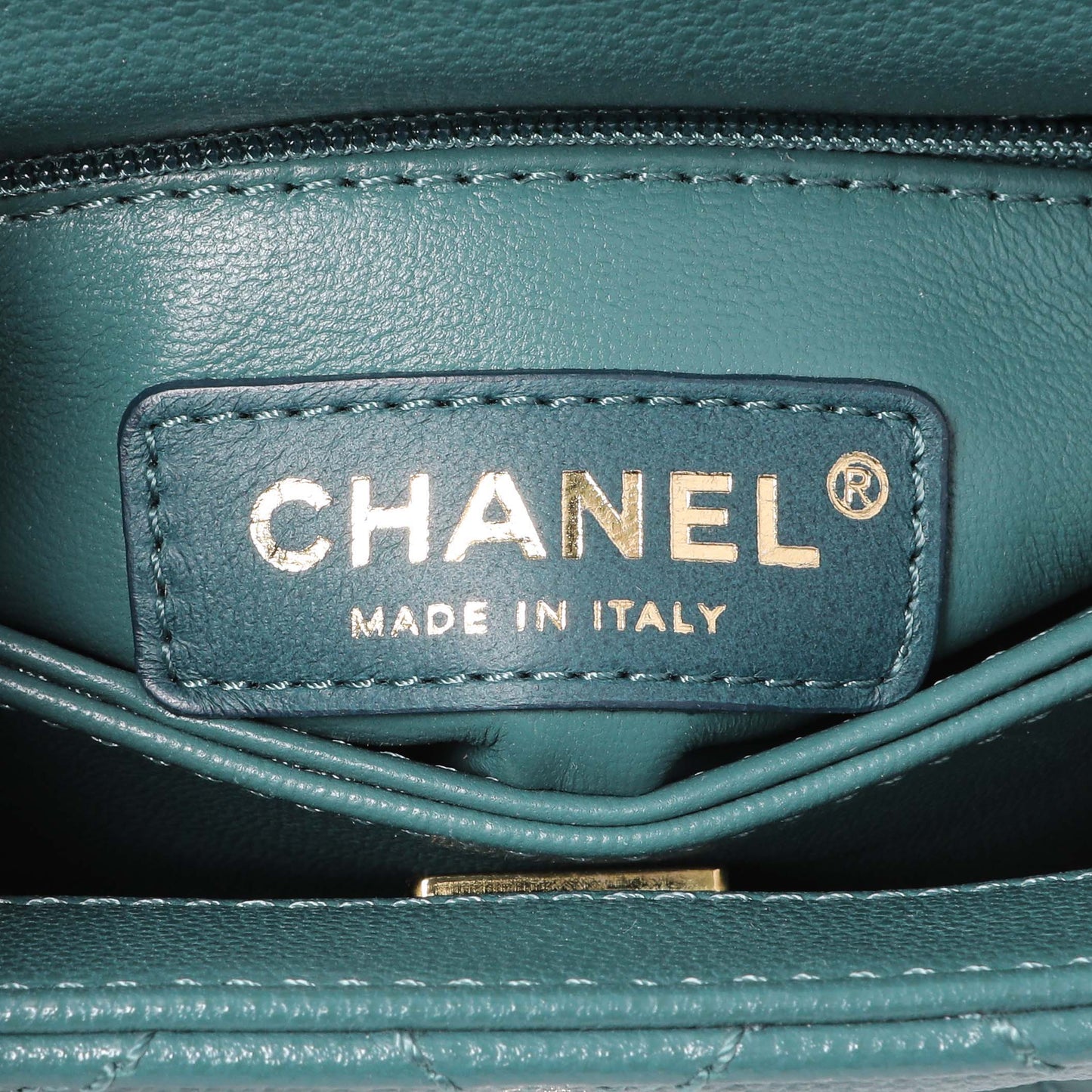 Exclusive Chanel Teal Quilted Caviar Extra Mini Coco Handle Flap — Detail View