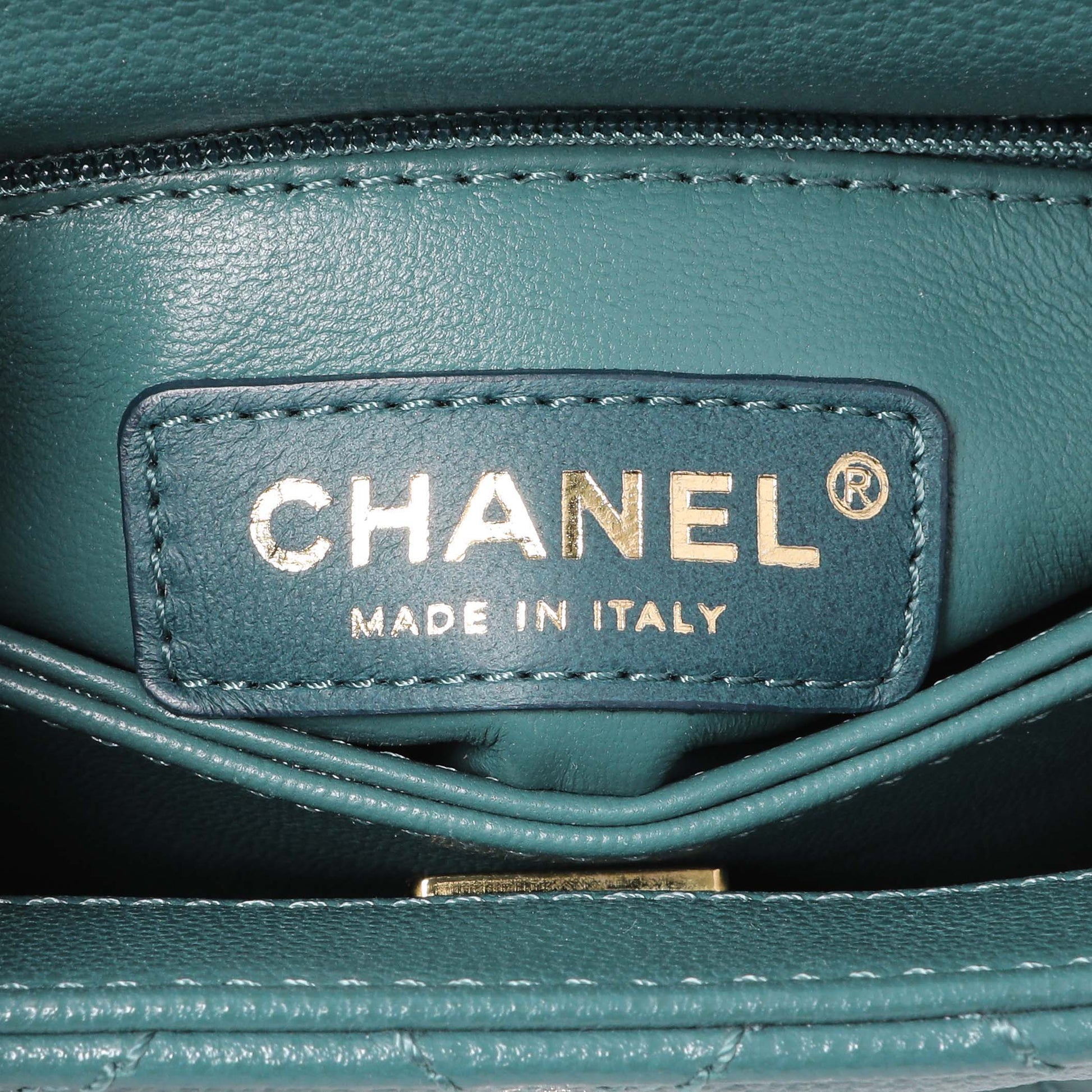 Exclusive Chanel Teal Quilted Caviar Extra Mini Coco Handle Flap — Detail View
