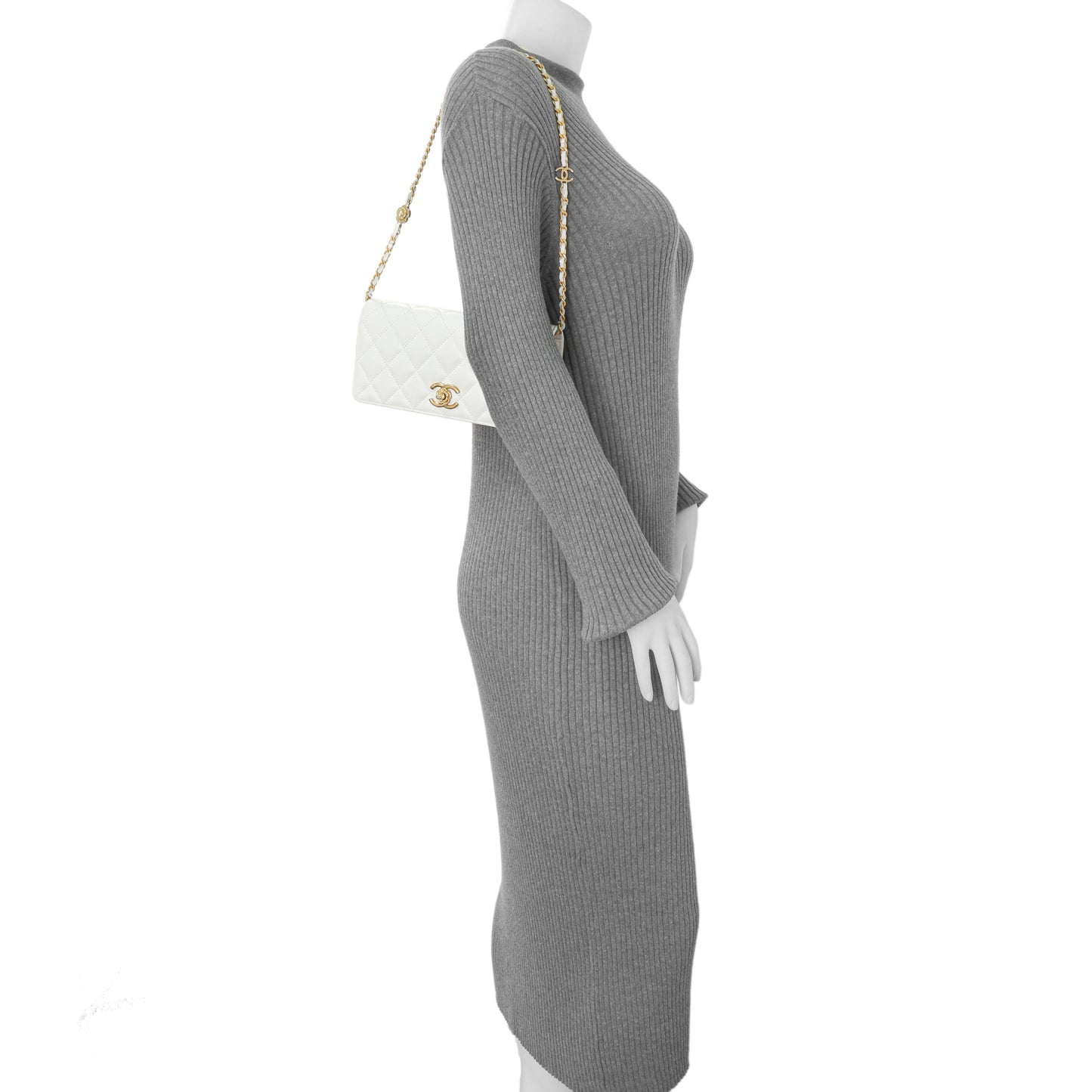 Exclusive Chanel White Quilted Caviar Camellia Chain Flap — Alternate View 12