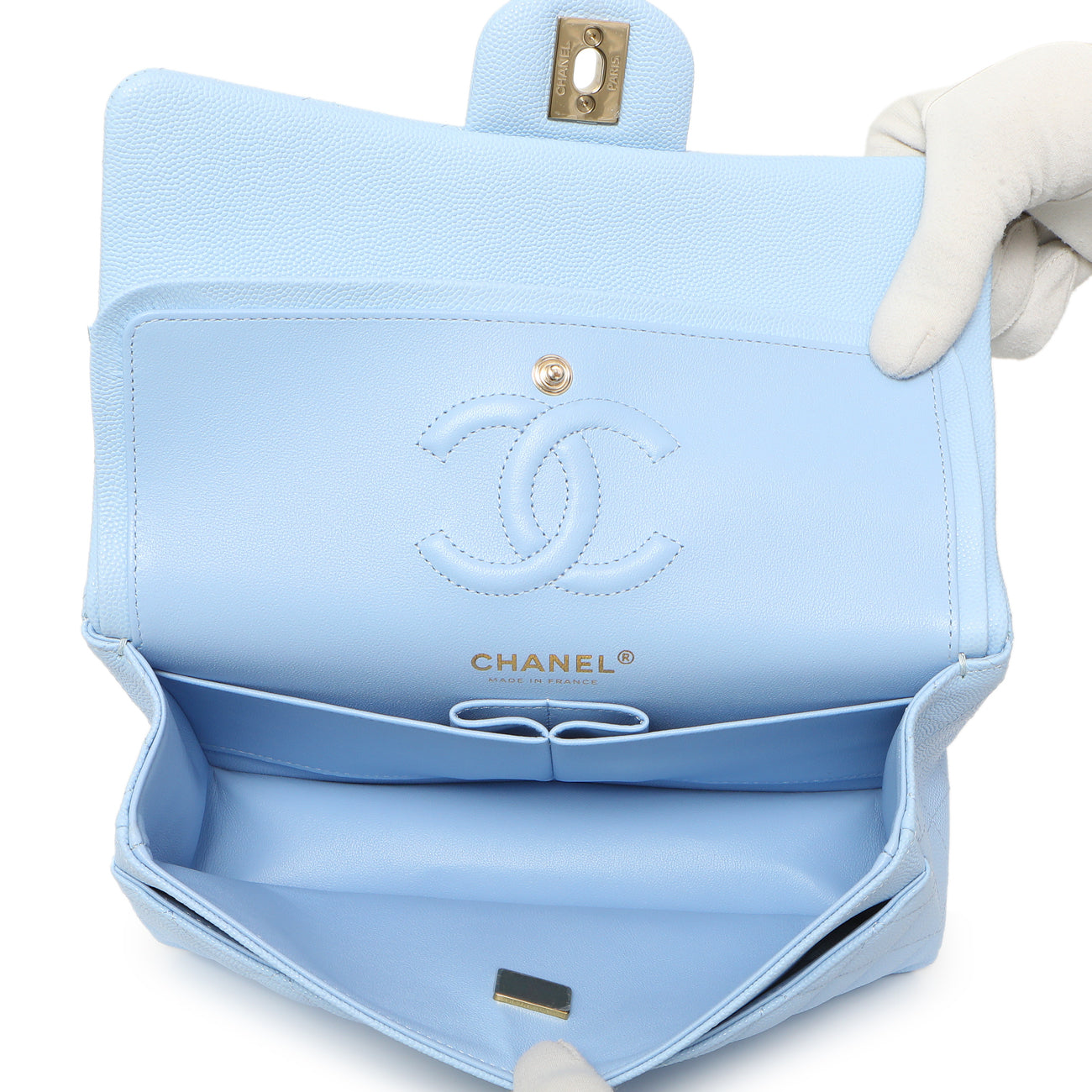 Exclusive Chanel Blue Quilted Caviar Small Classic Double Flap — Detail View