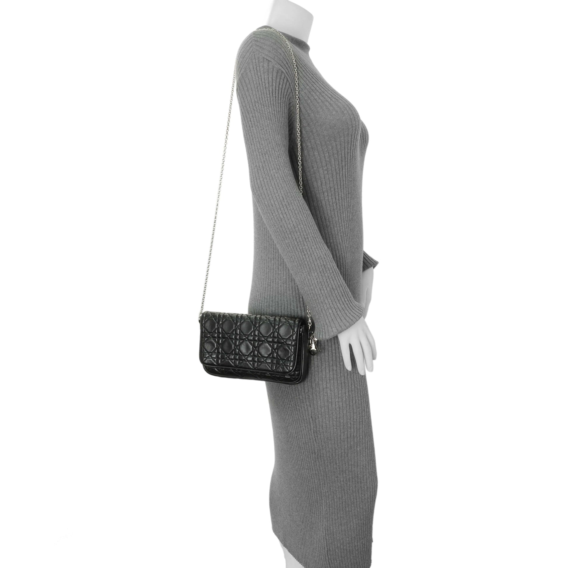 Exclusive Christian Dior Black Lambskin Cannage Wallet On Chain — Alternate View 7