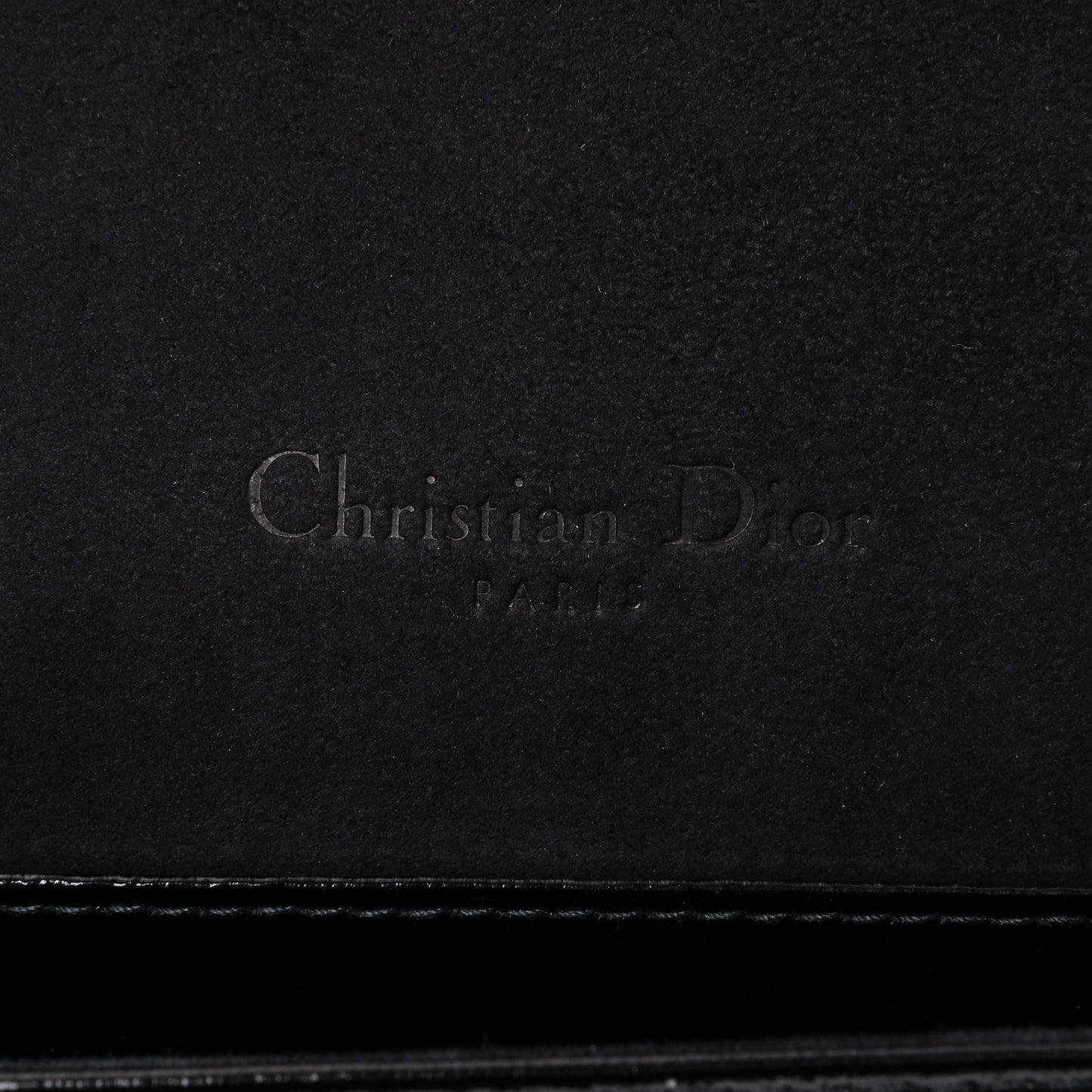 Exclusive Christian Dior Black Crinkled Patent Cannage Lady Dior Pouch — Detail View