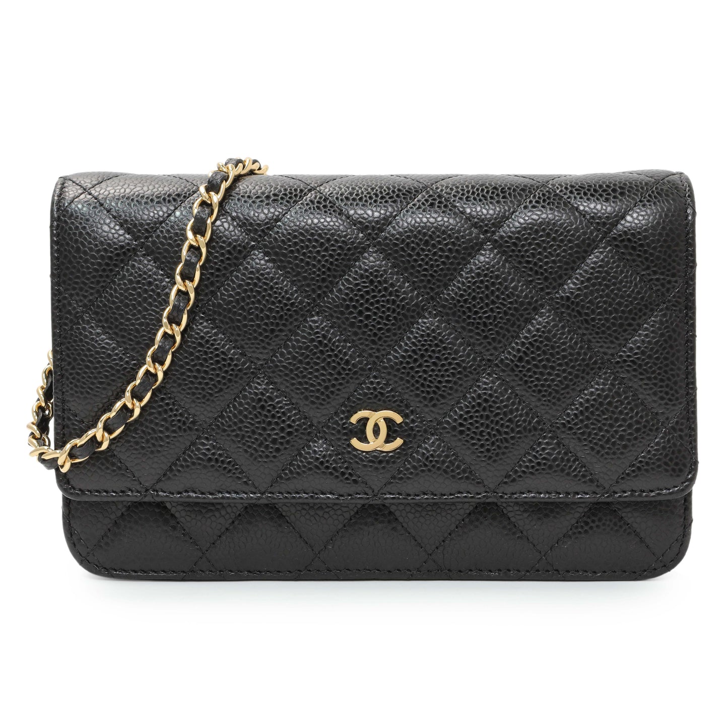 Exclusive Chanel Black Quilted Caviar Wallet on Chain — Front View