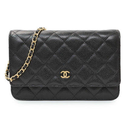 Exclusive Chanel Black Quilted Caviar Wallet on Chain — Front View