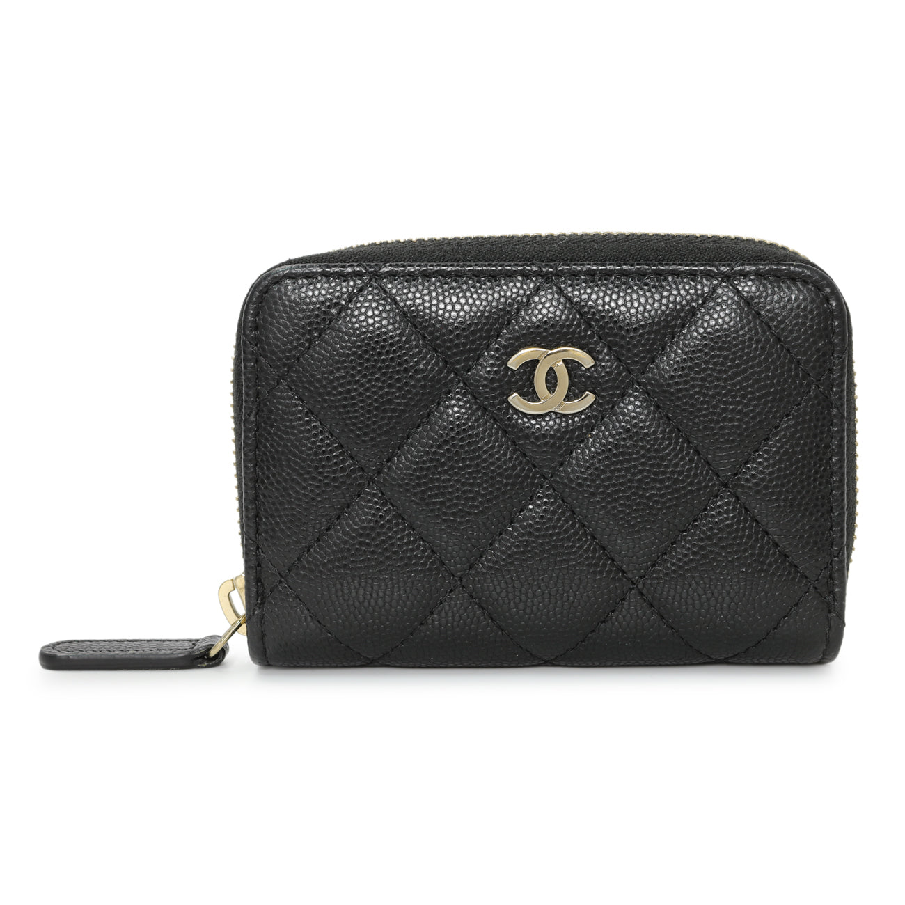 Exclusive Chanel Black Quilted Caviar Zip Coin Purse — Front View