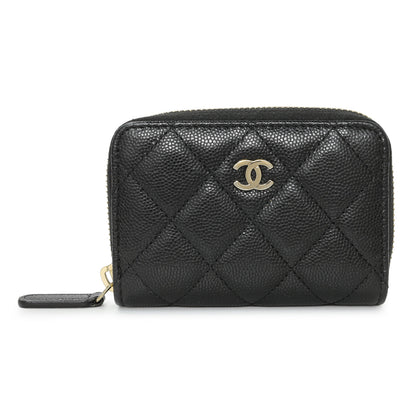 Exclusive Chanel Black Quilted Caviar Zip Coin Purse — Front View