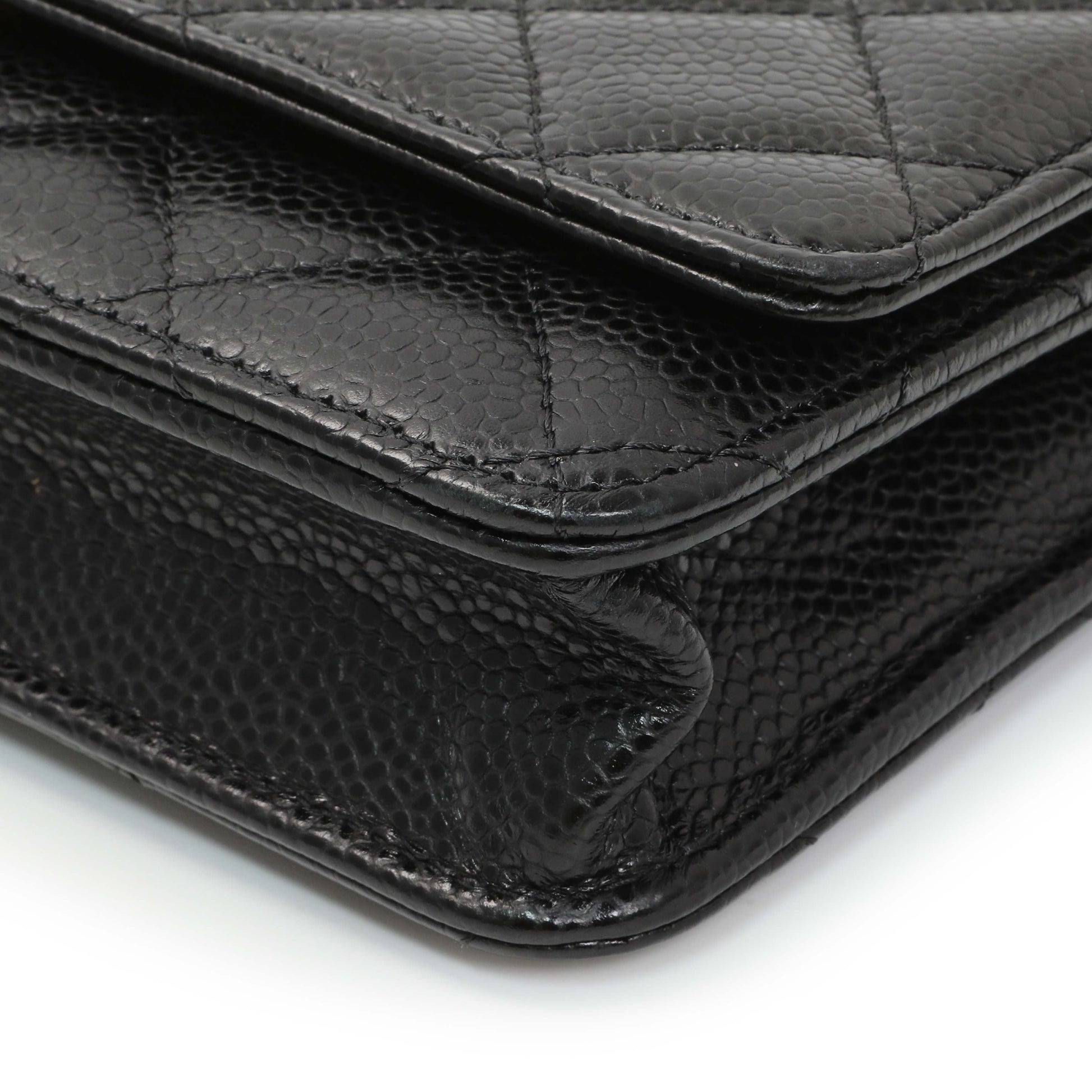 Exclusive Chanel Black Quilted Caviar Wallet on Chain — Detail View