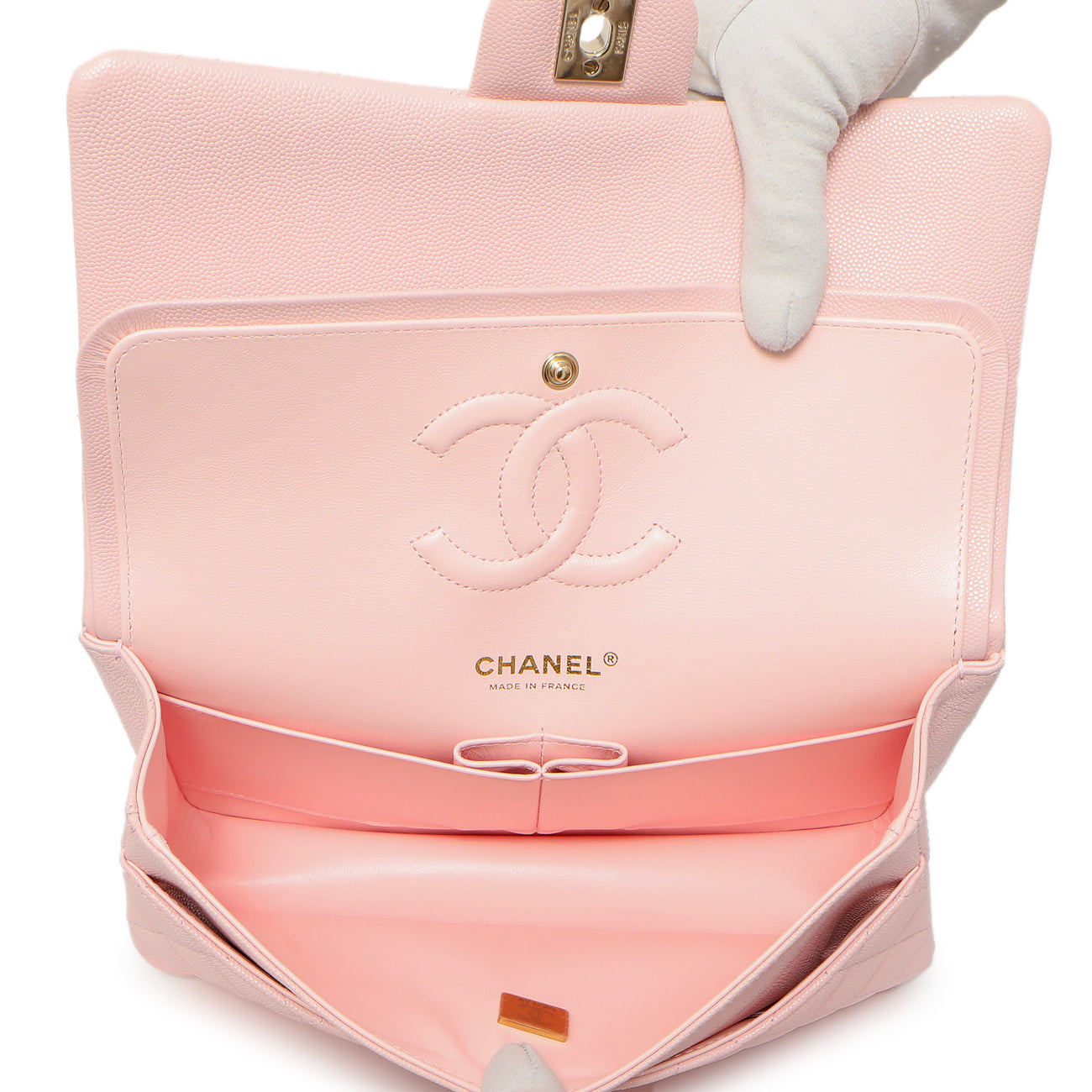 Exclusive Chanel Pink Quilted Caviar Medium Classic Double Flap — Detail View