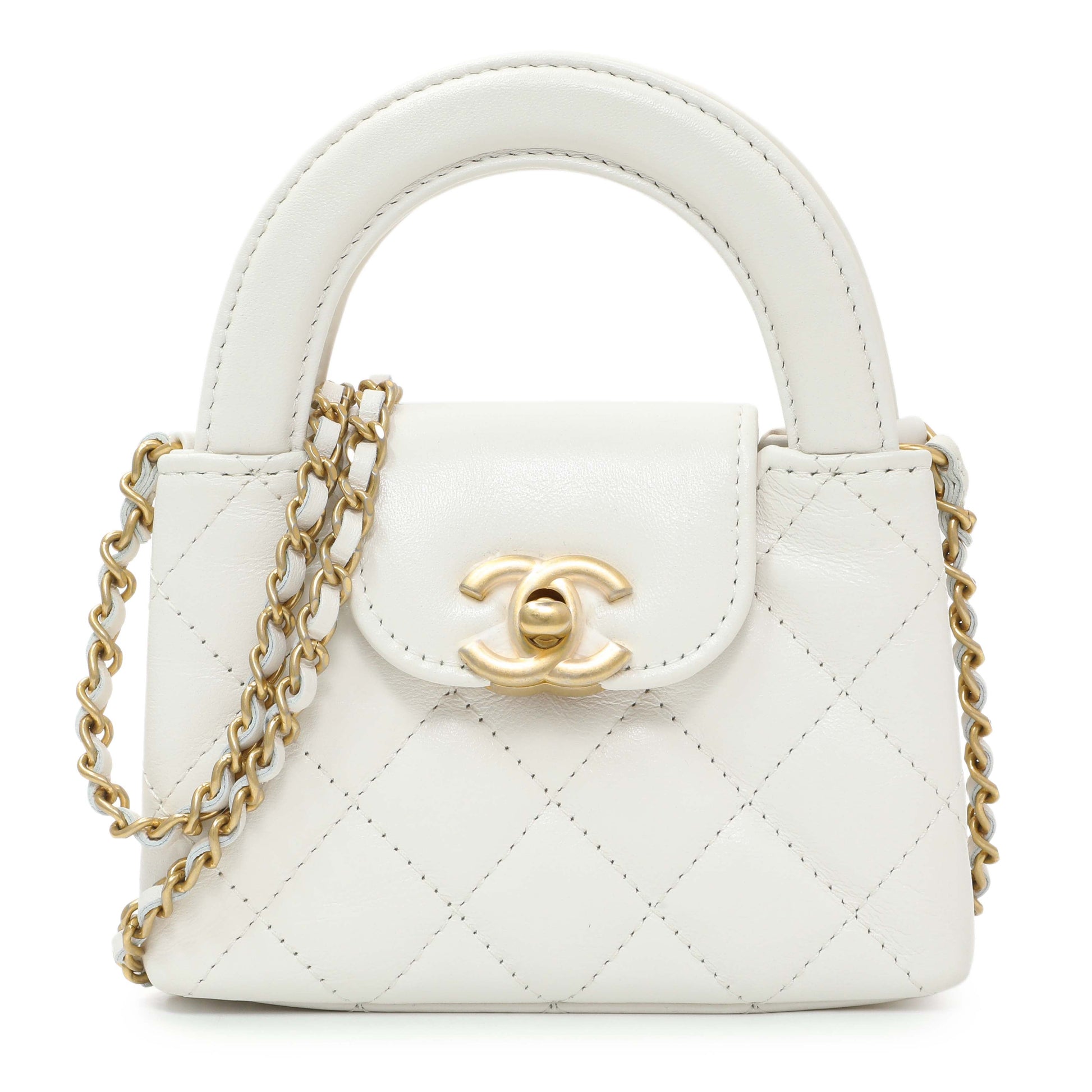 Exclusive Chanel White Shiny Aged Calfskin Quilted Mini Nano Kelly Shopper — Front View