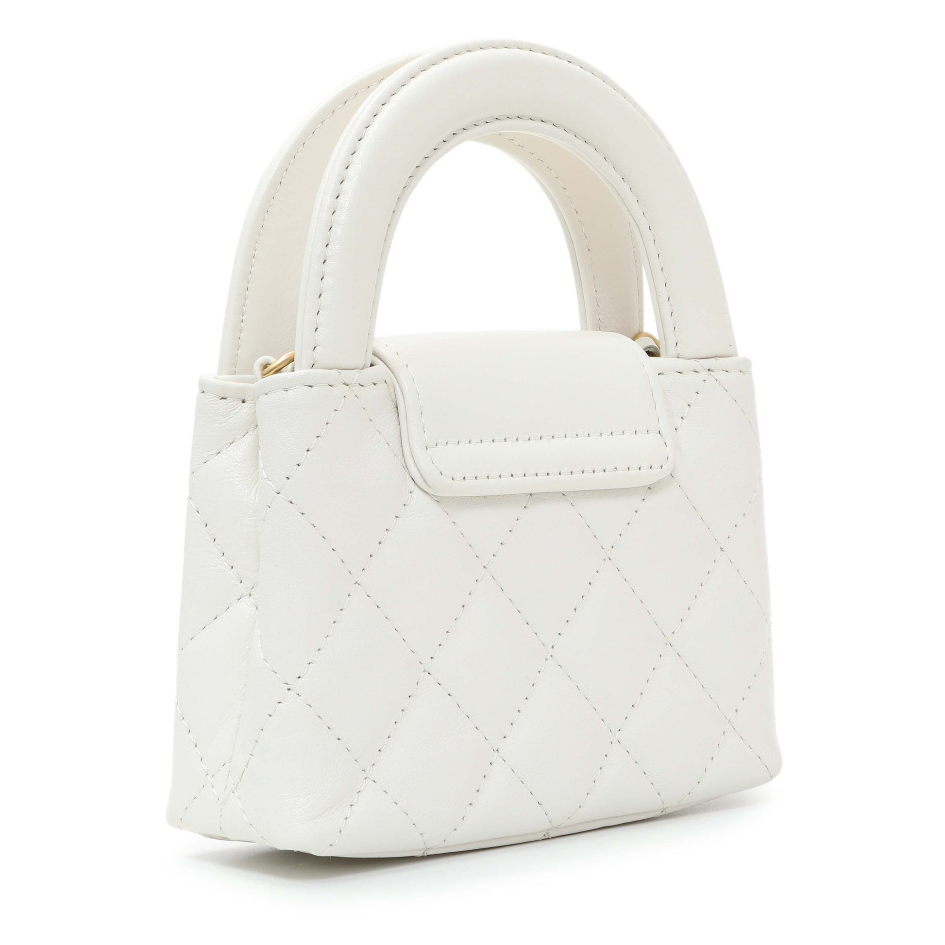 Exclusive Chanel White Shiny Aged Calfskin Quilted Mini Nano Kelly Shopper — Side View