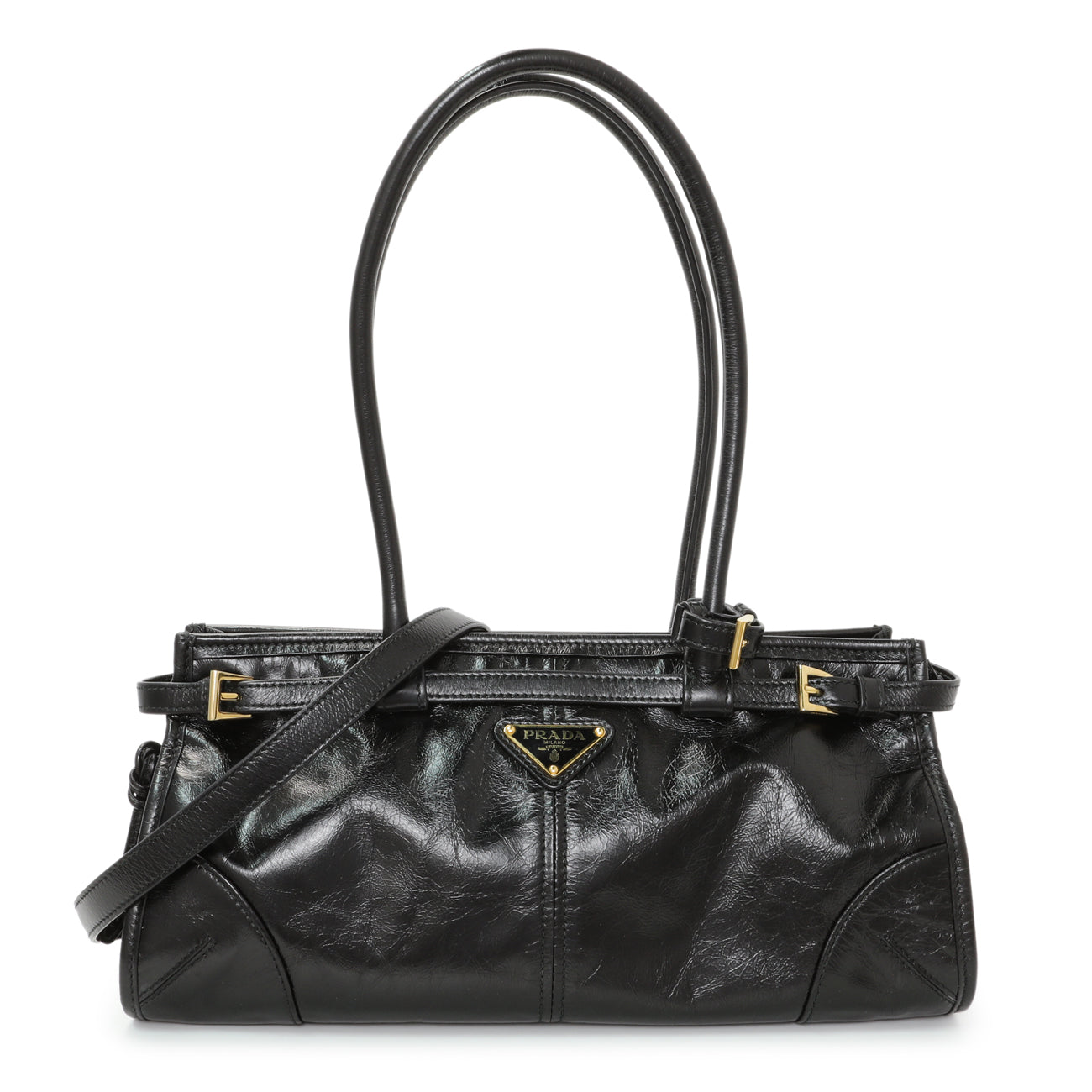Exclusive Prada Black Glossy Calfskin Triangle Medium Bonnie Shoulder Bag — Front View