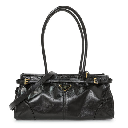 Exclusive Prada Black Glossy Calfskin Triangle Medium Bonnie Shoulder Bag — Front View