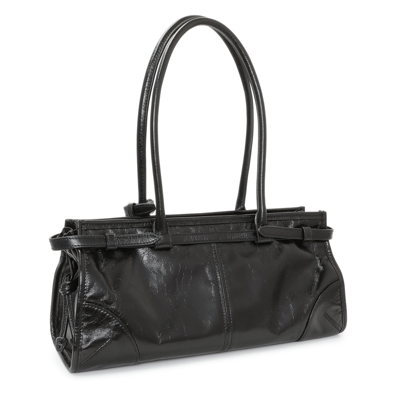 Exclusive Prada Black Glossy Calfskin Triangle Medium Bonnie Shoulder Bag — Side View
