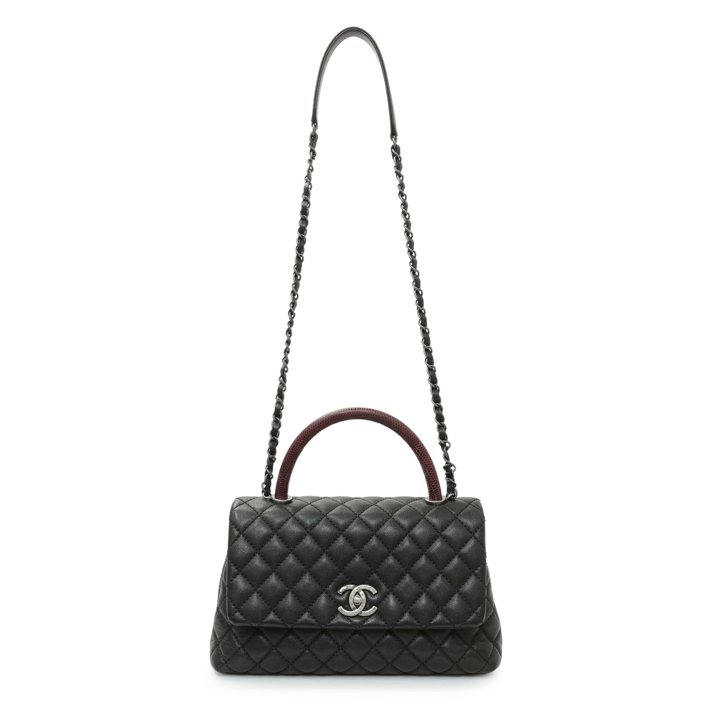 Exclusive Chanel Black Caviar Lizard Embossed Quilted Small Coco Handle Flap — Front View