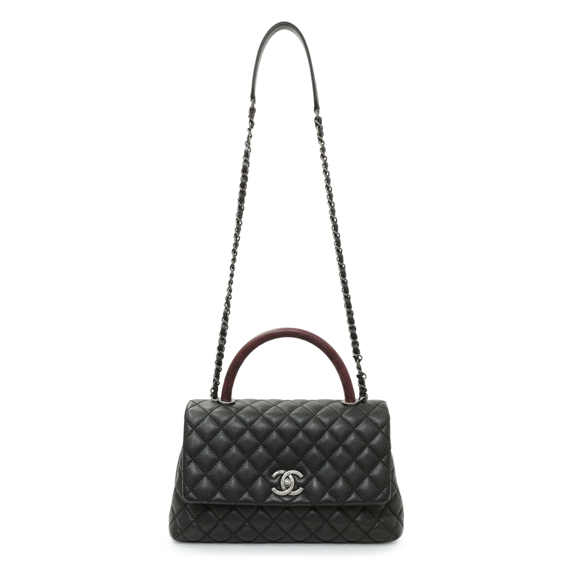 Exclusive Chanel Black Caviar Lizard Embossed Quilted Small Coco Handle Flap — Front View