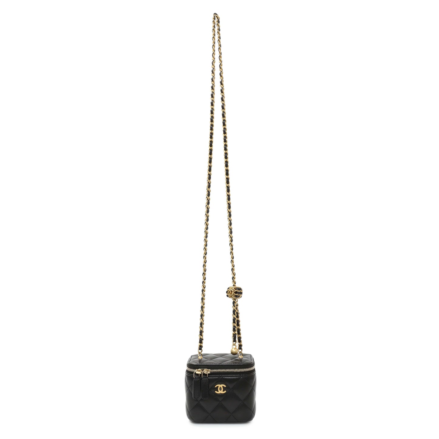 Exclusive Chanel Black Lambskin Quilted Pearl Crush Mini Vanity Case With Chain — Front View