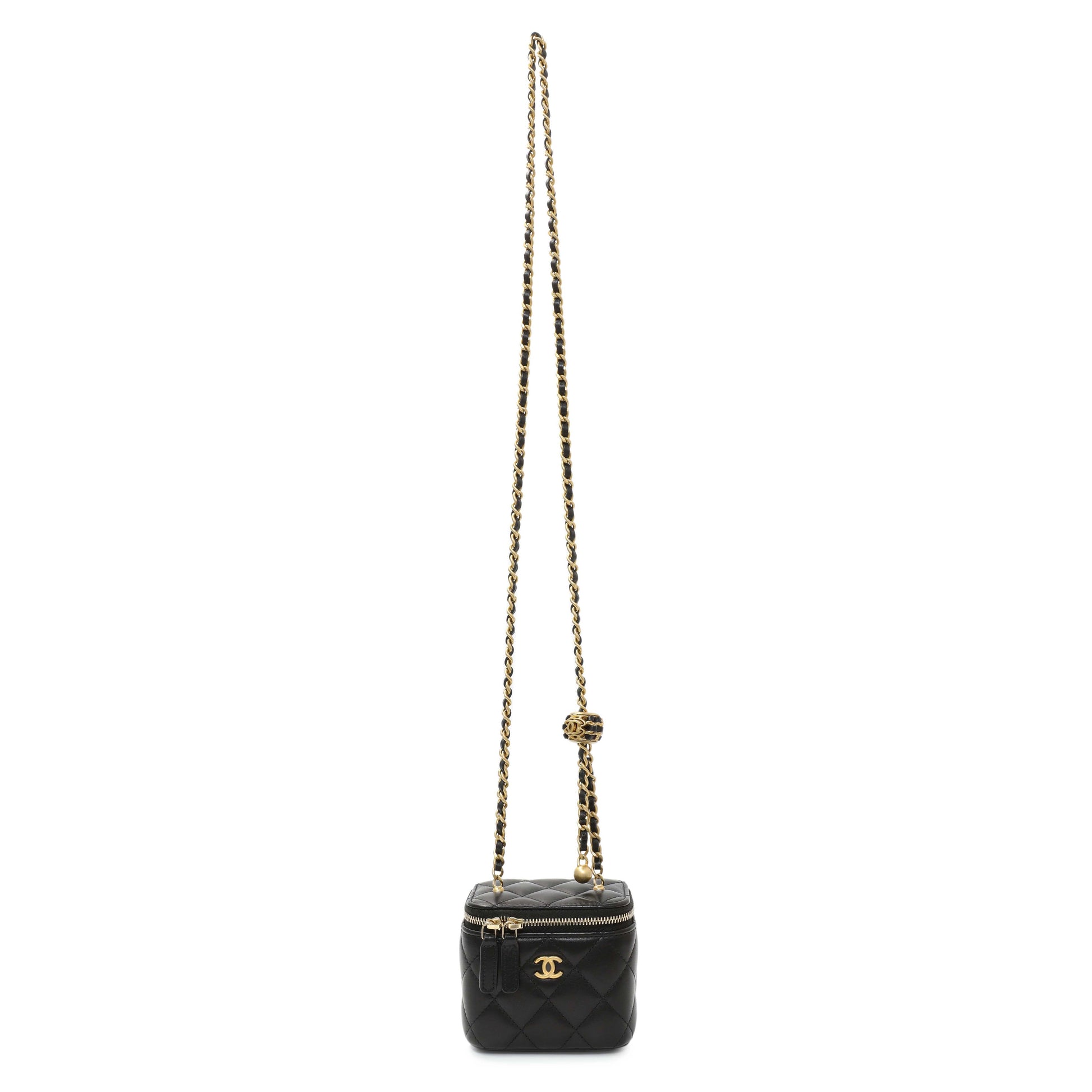 Exclusive Chanel Black Lambskin Quilted Pearl Crush Mini Vanity Case With Chain — Front View
