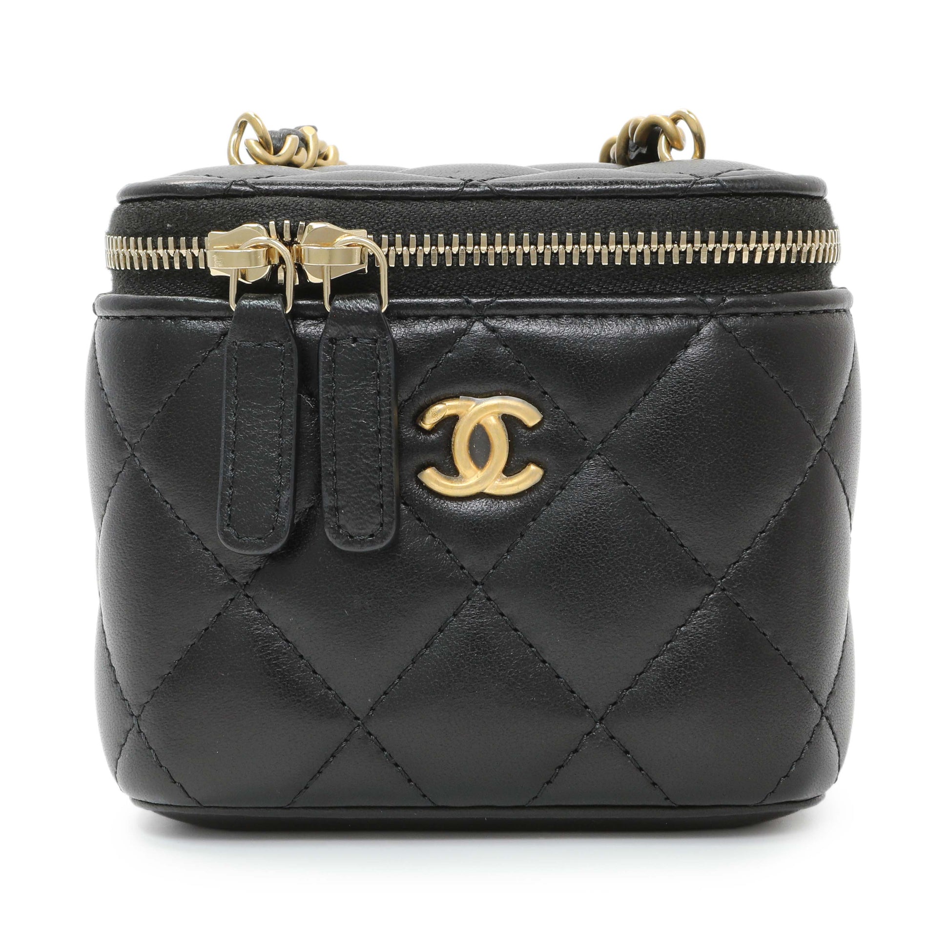 Exclusive Chanel Black Lambskin Quilted Pearl Crush Mini Vanity Case With Chain — Side View