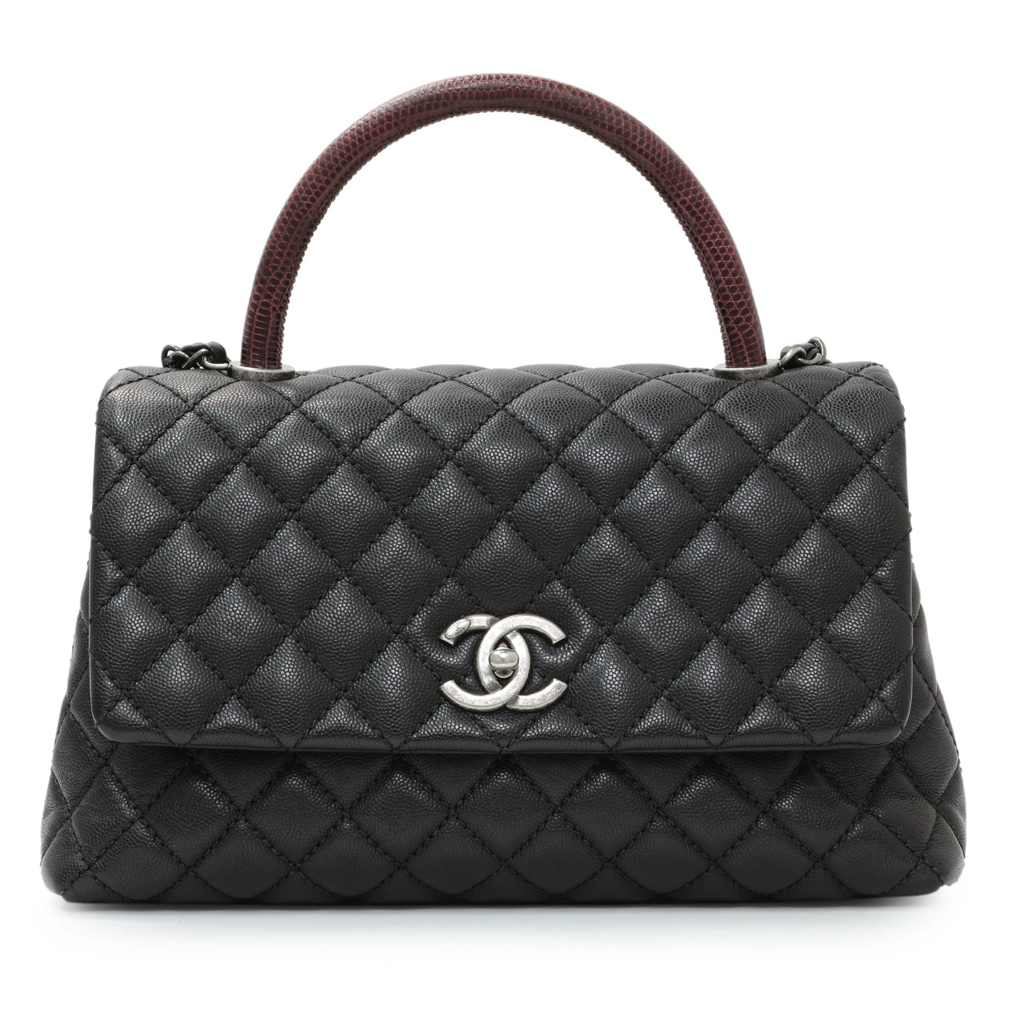 Exclusive Chanel Black Caviar Lizard Embossed Quilted Small Coco Handle Flap — Side View