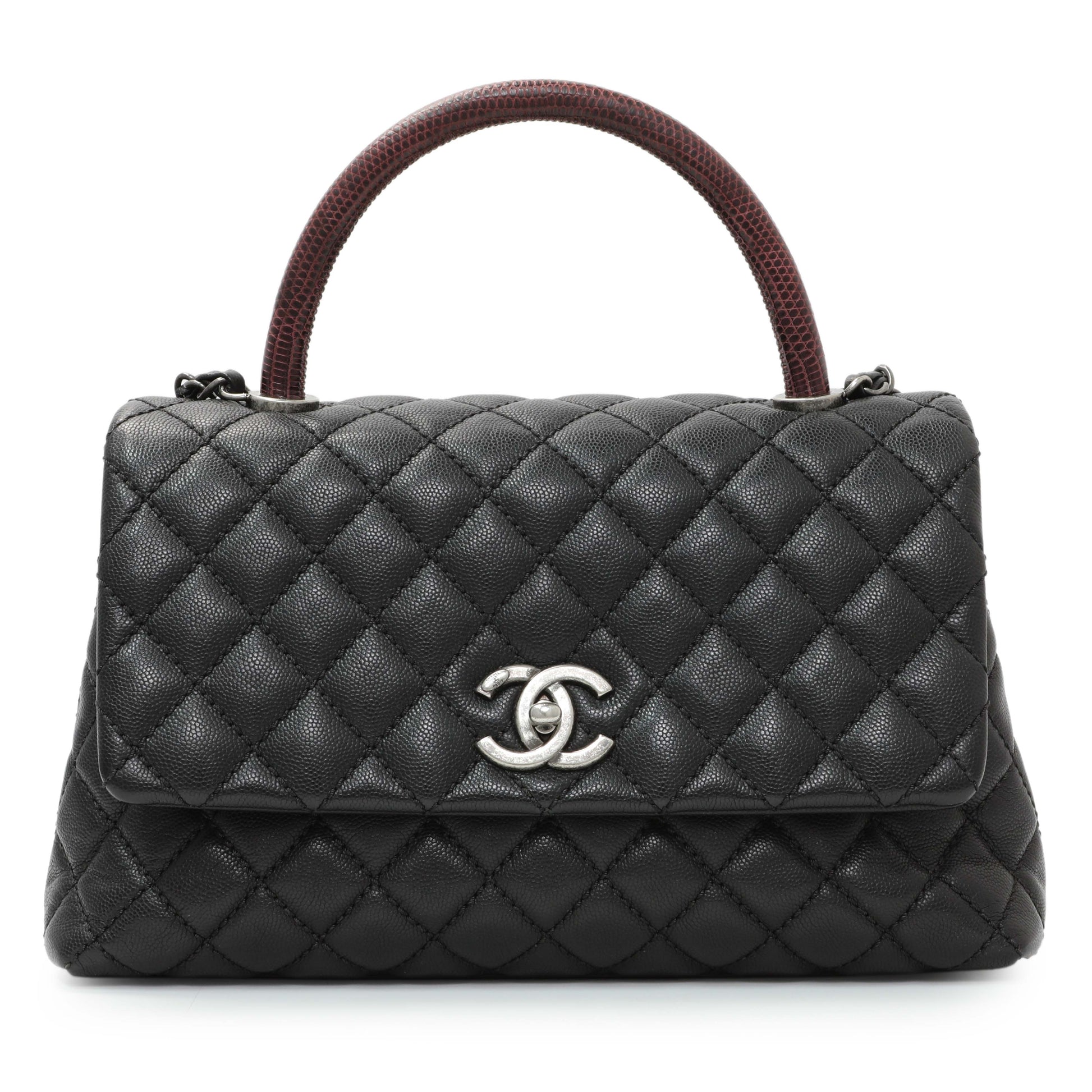 Exclusive Chanel Black Caviar Lizard Embossed Quilted Small Coco Handle Flap — Side View