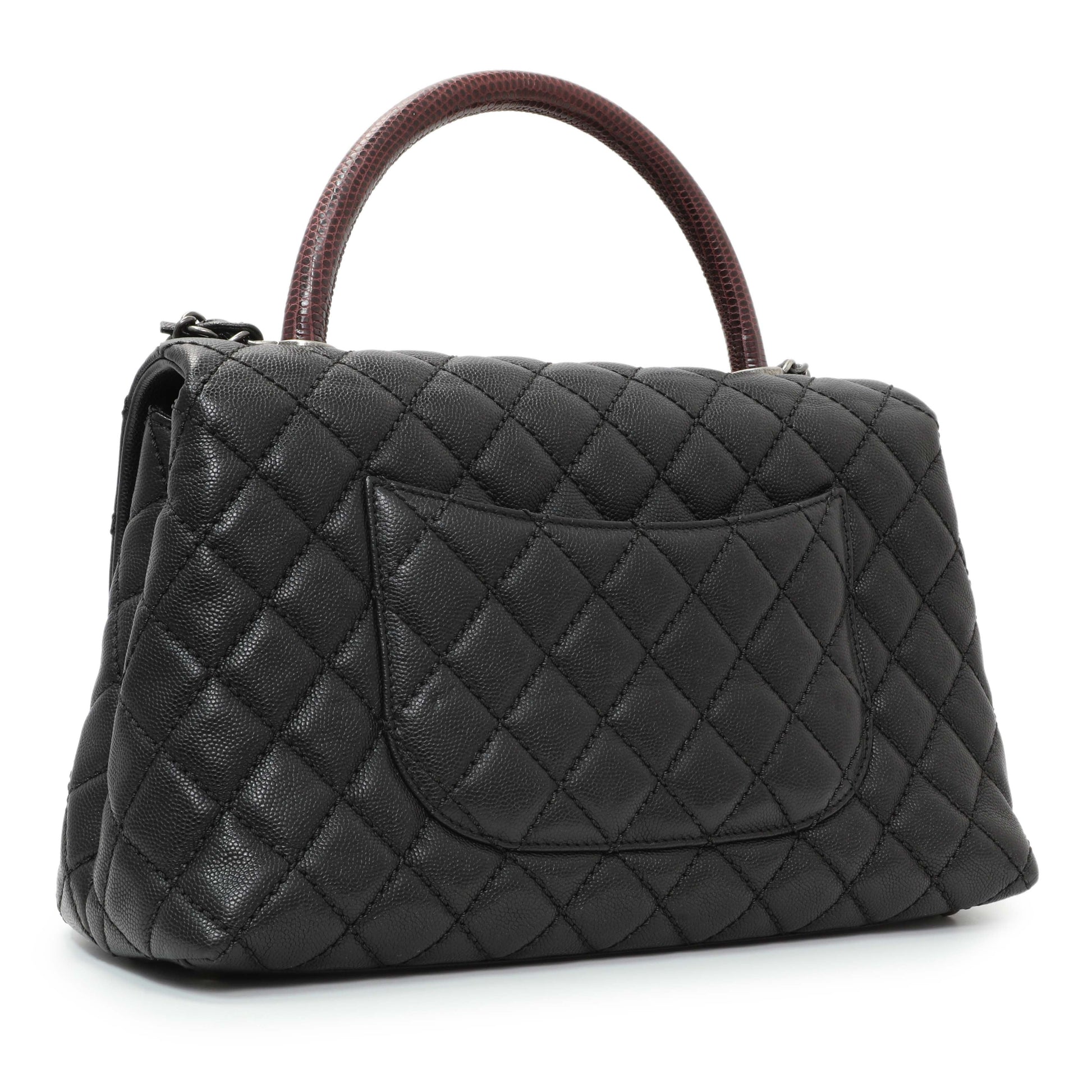 Exclusive Chanel Black Caviar Lizard Embossed Quilted Small Coco Handle Flap — Back View